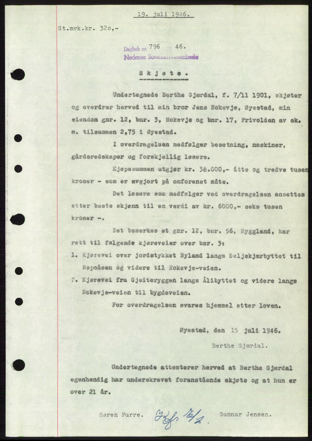 Nedenes sorenskriveri, SAK/1221-0006/G/Gb/Gba/L0055: Mortgage book no. A7, 1946-1946, Diary no: : 796/1946