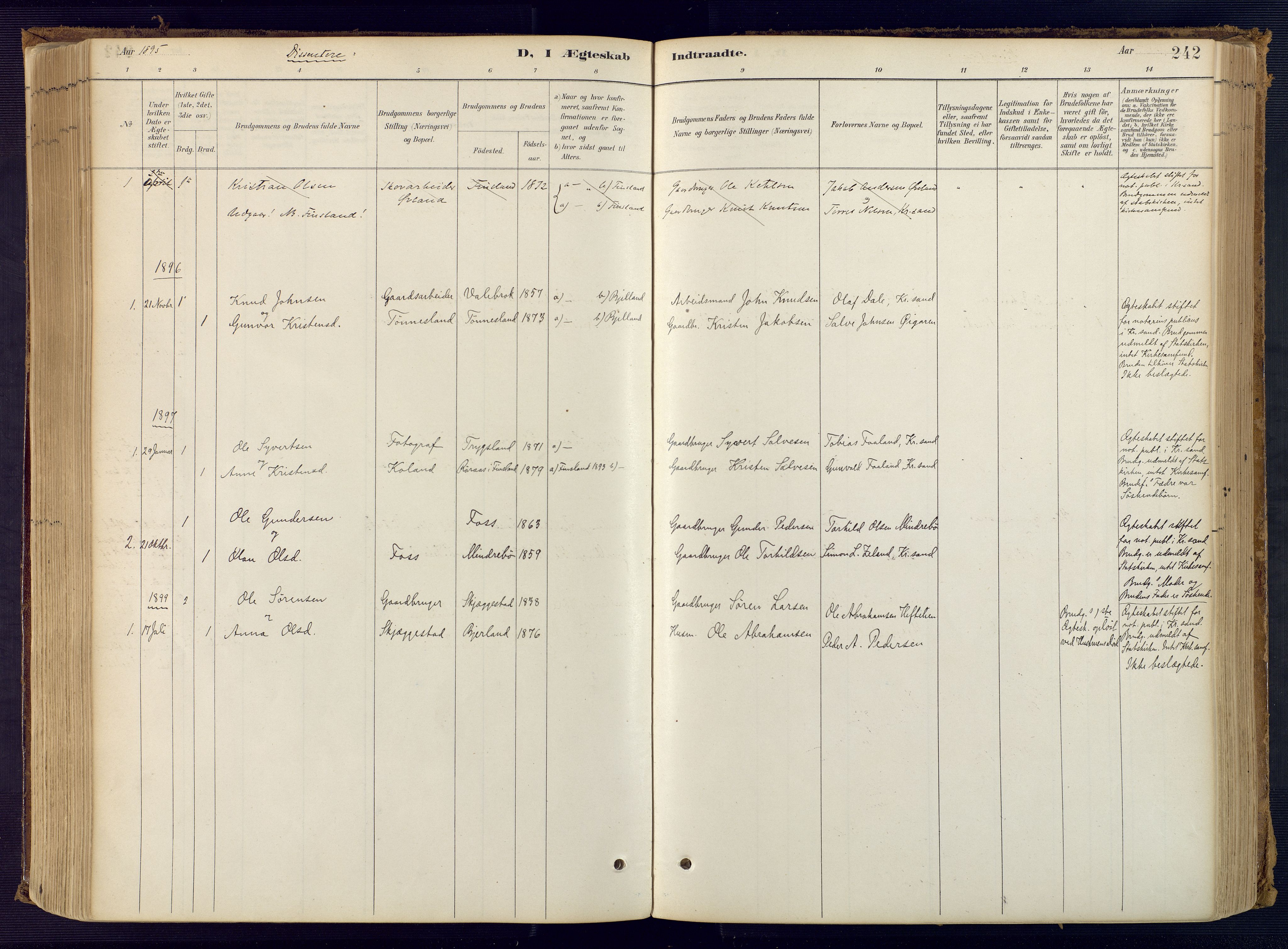 Bjelland sokneprestkontor, SAK/1111-0005/F/Fa/Faa/L0004: Parish register (official) no. A 4, 1887-1923, p. 242