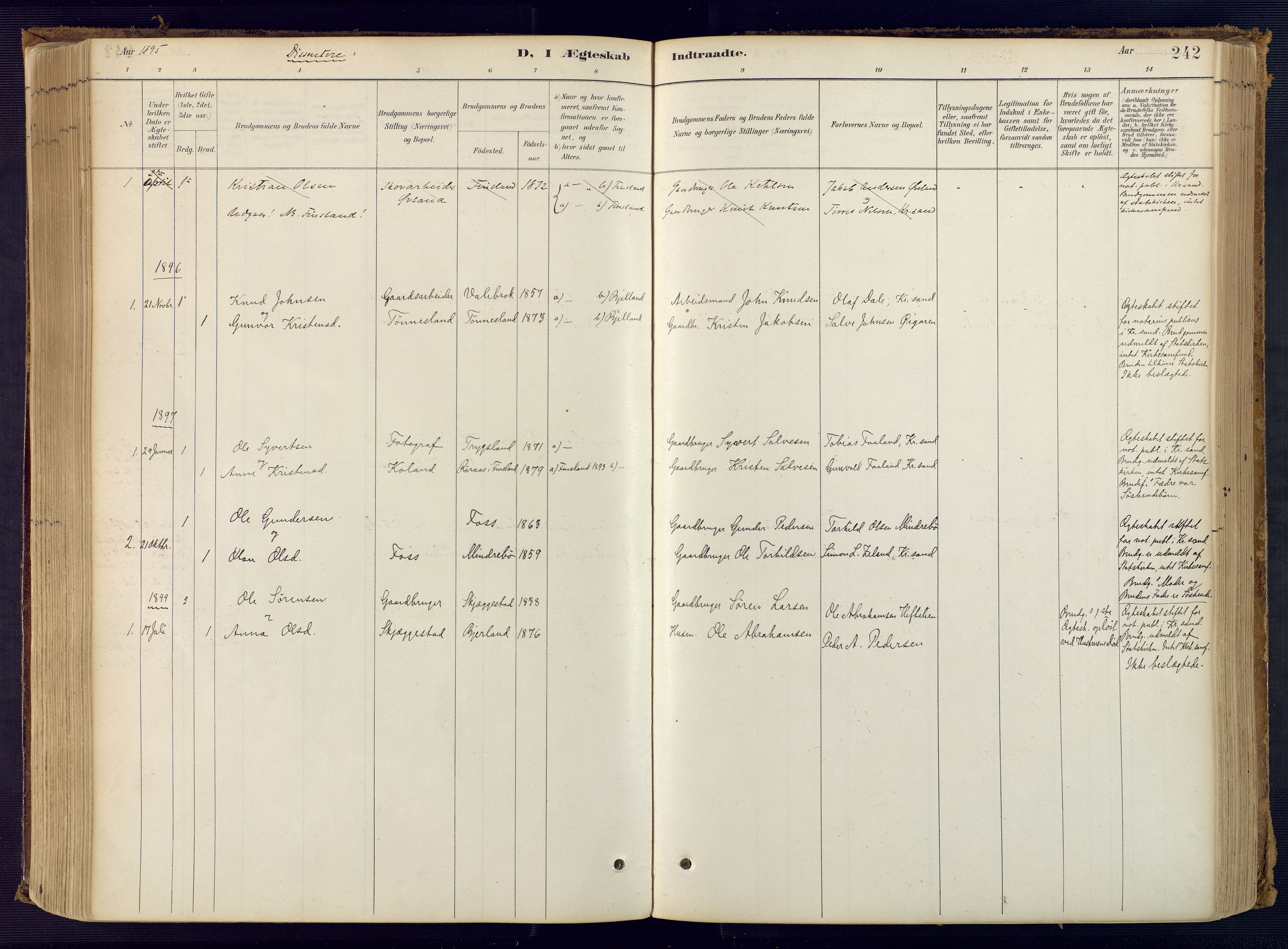 Bjelland sokneprestkontor, AV/SAK-1111-0005/F/Fa/Faa/L0004: Parish register (official) no. A 4, 1887-1923, p. 242