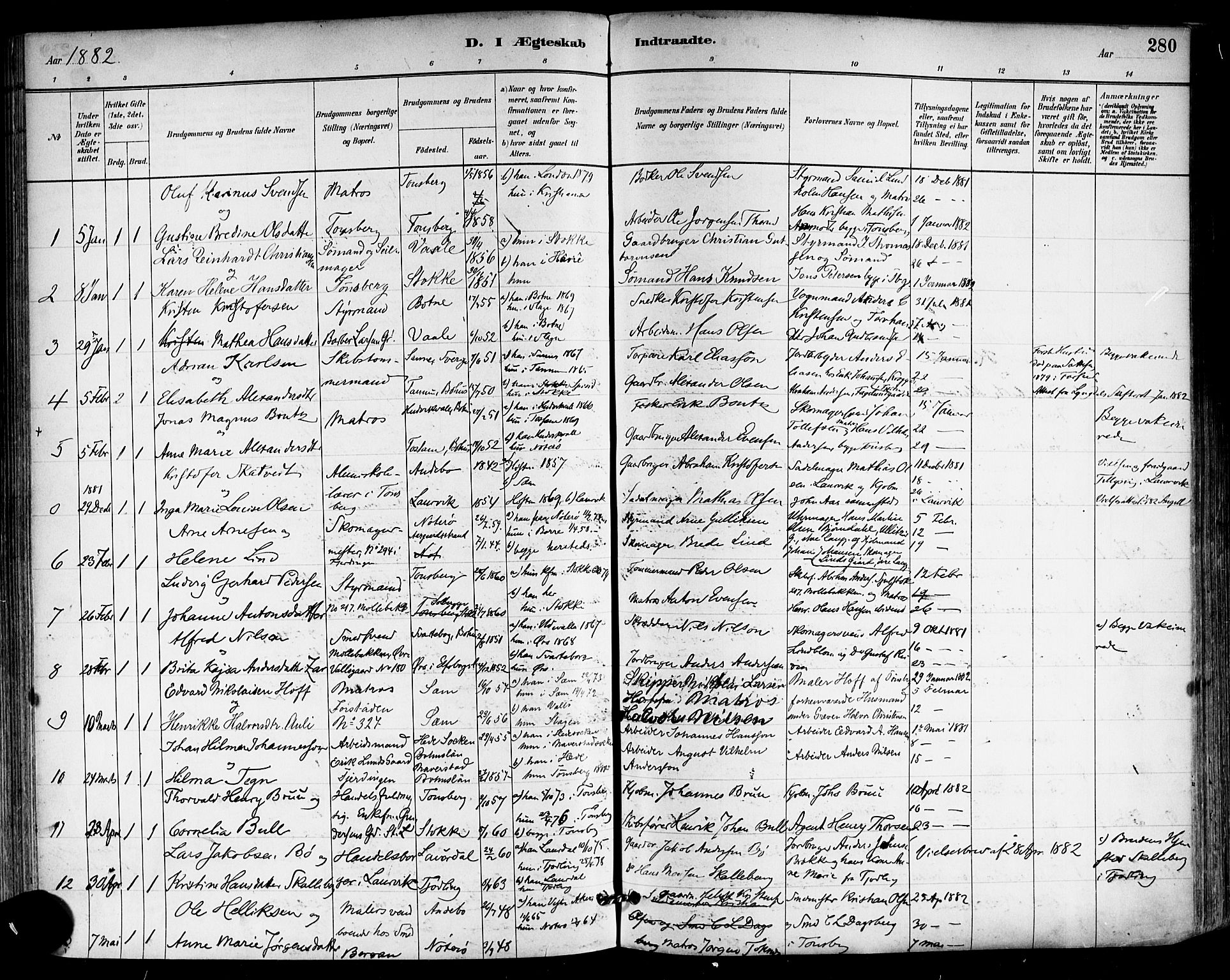 Tønsberg kirkebøker, SAKO/A-330/F/Fa/L0011: Parish register (official) no. I 11, 1881-1890, p. 280