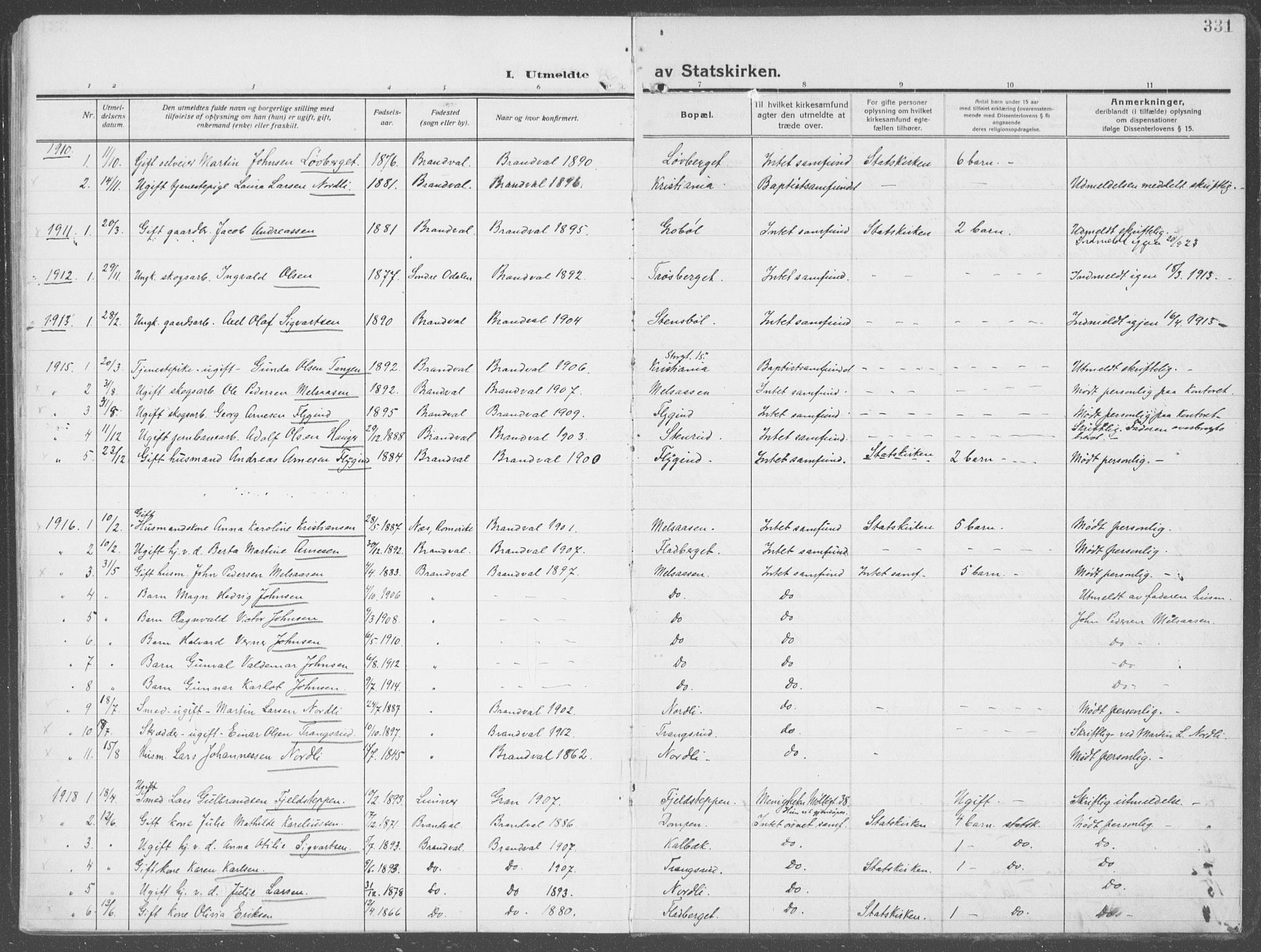 Brandval prestekontor, SAH/PREST-034/H/Ha/Haa/L0004: Parish register (official) no. 4, 1910-1924, p. 331