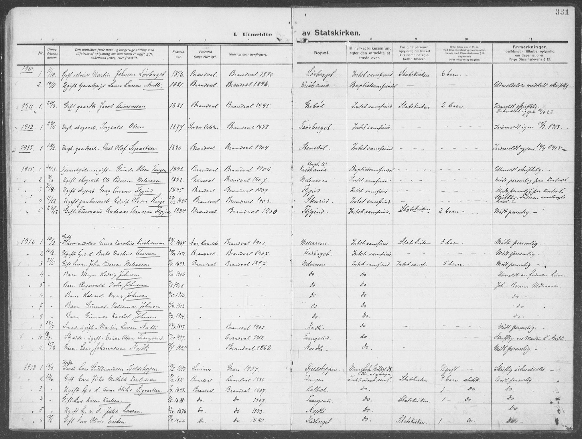 Brandval prestekontor, AV/SAH-PREST-034/H/Ha/Haa/L0004: Parish register (official) no. 4, 1910-1924, p. 331