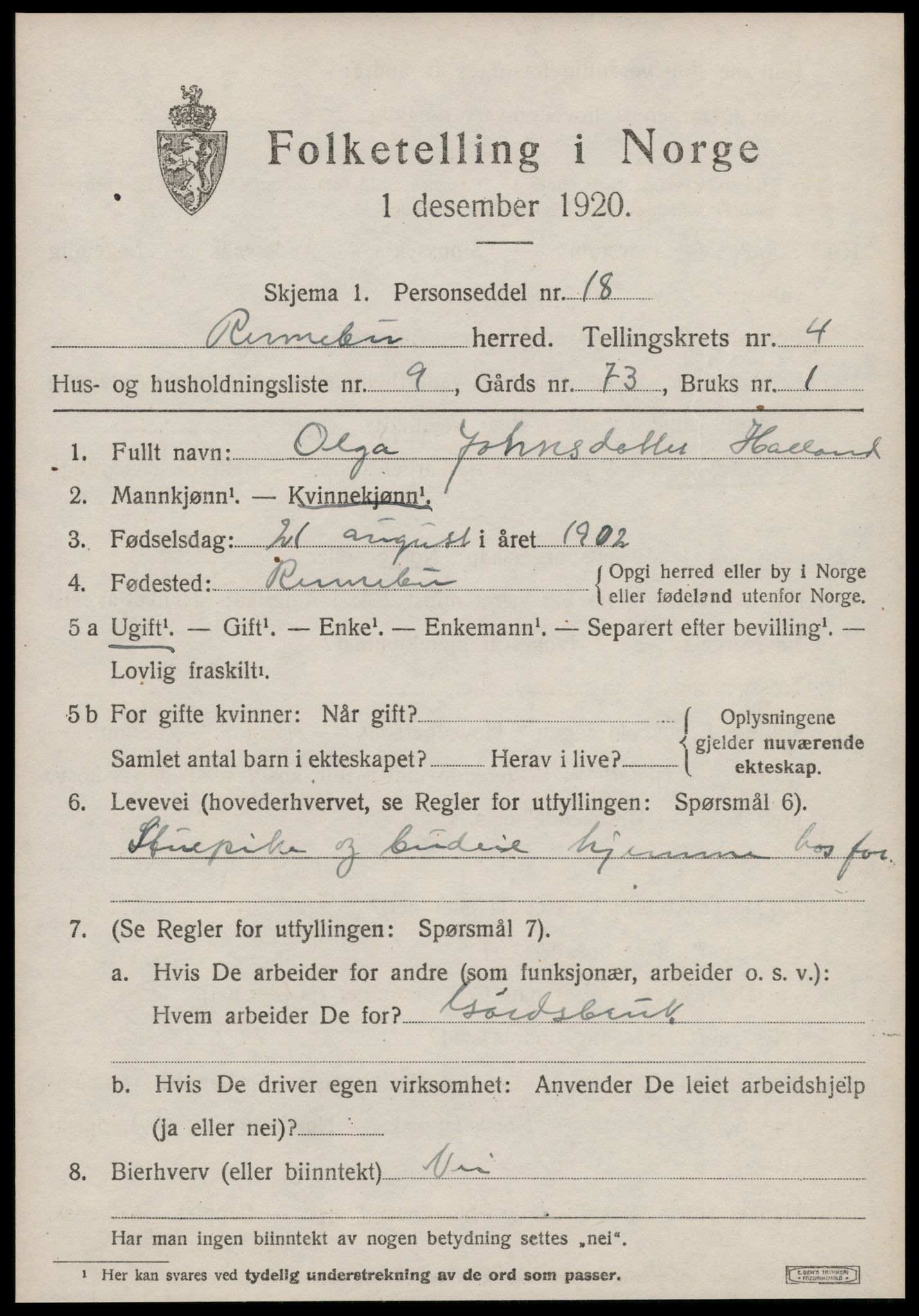 SAT, 1920 census for Rennebu, 1920, p. 2684
