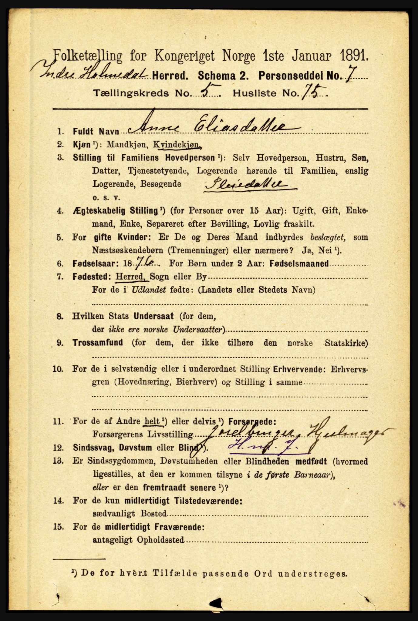 RA, 1891 census for 1430 Indre Holmedal, 1891, p. 2384