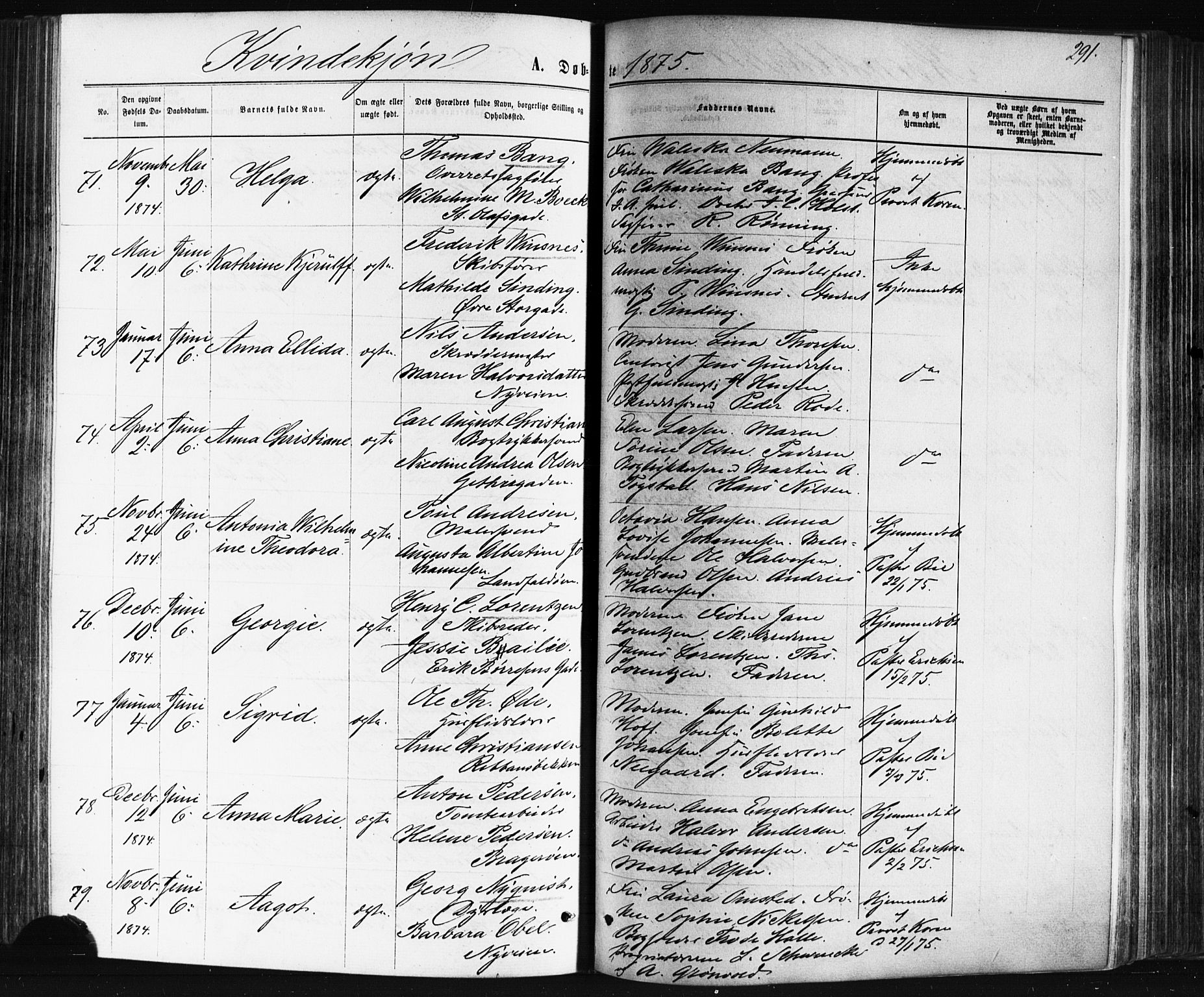 Bragernes kirkebøker, SAKO/A-6/F/Fb/L0004: Parish register (official) no. II 4, 1869-1875, p. 291