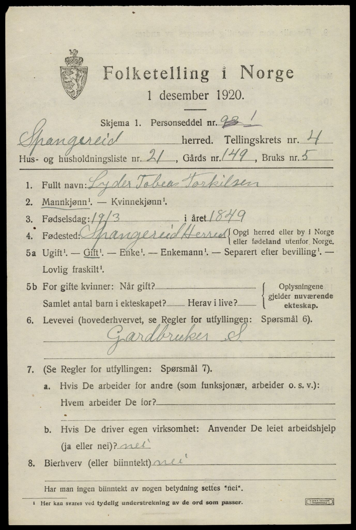 SAK, 1920 census for Spangereid, 1920, p. 1703