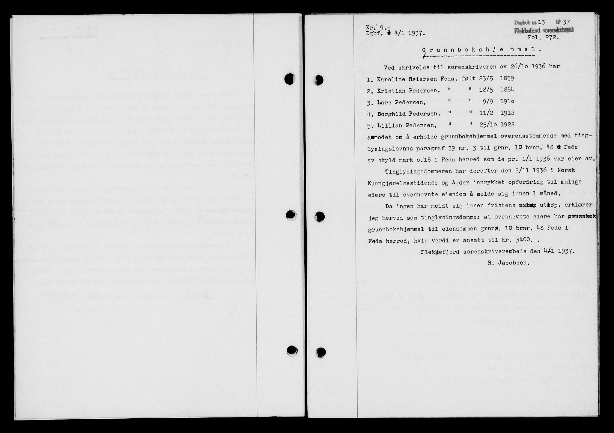 Flekkefjord sorenskriveri, SAK/1221-0001/G/Gb/Gba/L0053: Mortgage book no. A-1, 1936-1937, Diary no: : 13/1937