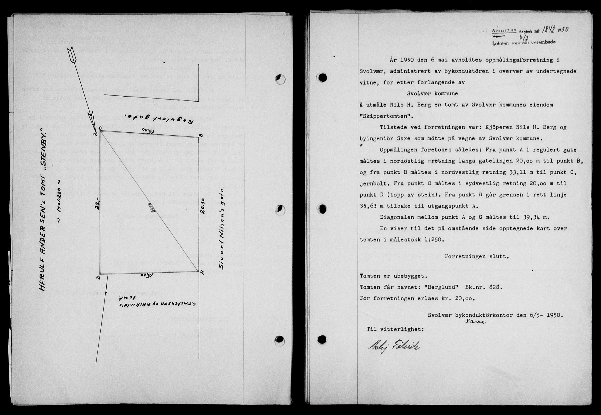 Lofoten sorenskriveri, SAT/A-0017/1/2/2C/L0024a: Mortgage book no. 24a, 1950-1950, Diary no: : 1842/1950