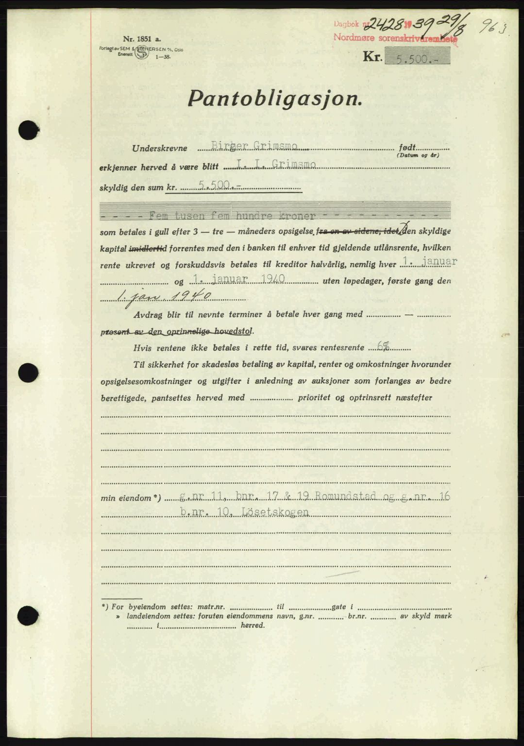 Nordmøre sorenskriveri, AV/SAT-A-4132/1/2/2Ca: Mortgage book no. B85, 1939-1939, Diary no: : 2428/1939