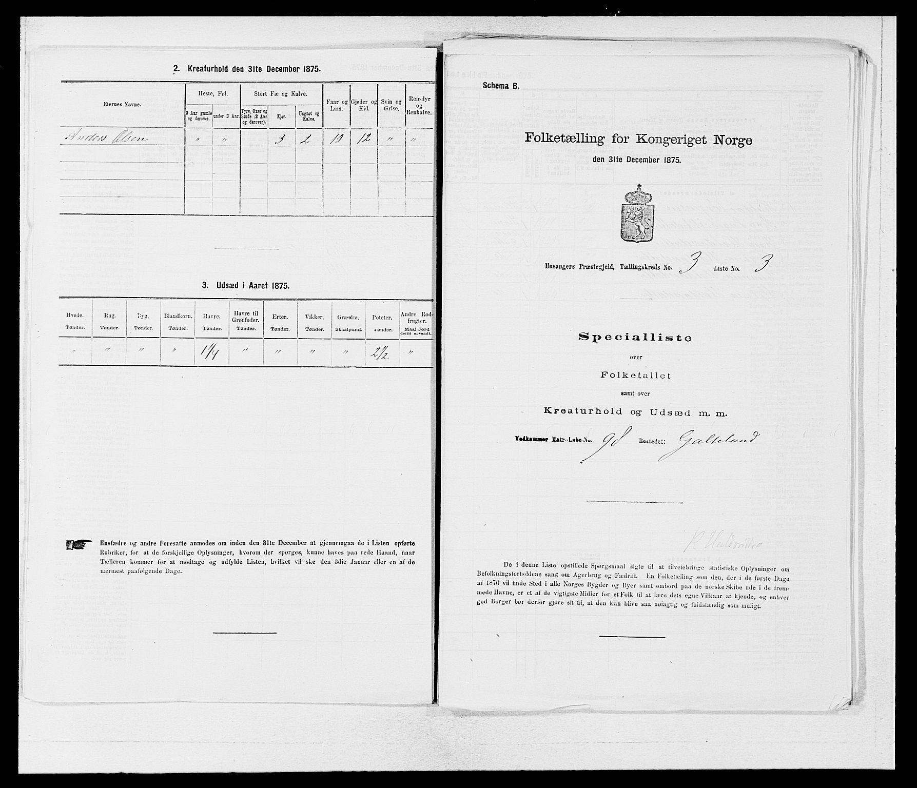 SAB, 1875 census for 1253P Hosanger, 1875, p. 279