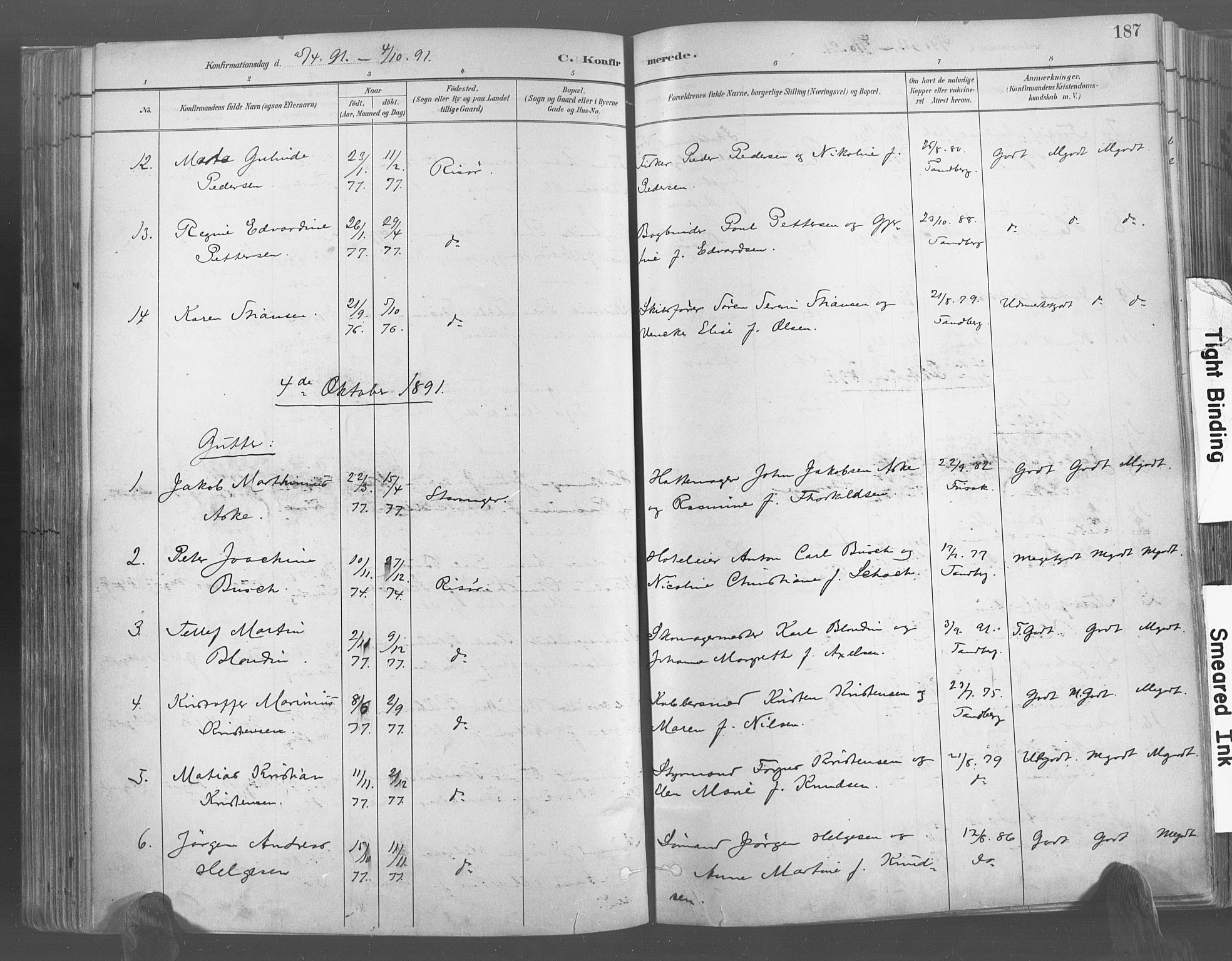 Risør sokneprestkontor, AV/SAK-1111-0035/F/Fa/L0005: Parish register (official) no. A 5, 1883-1895, p. 188