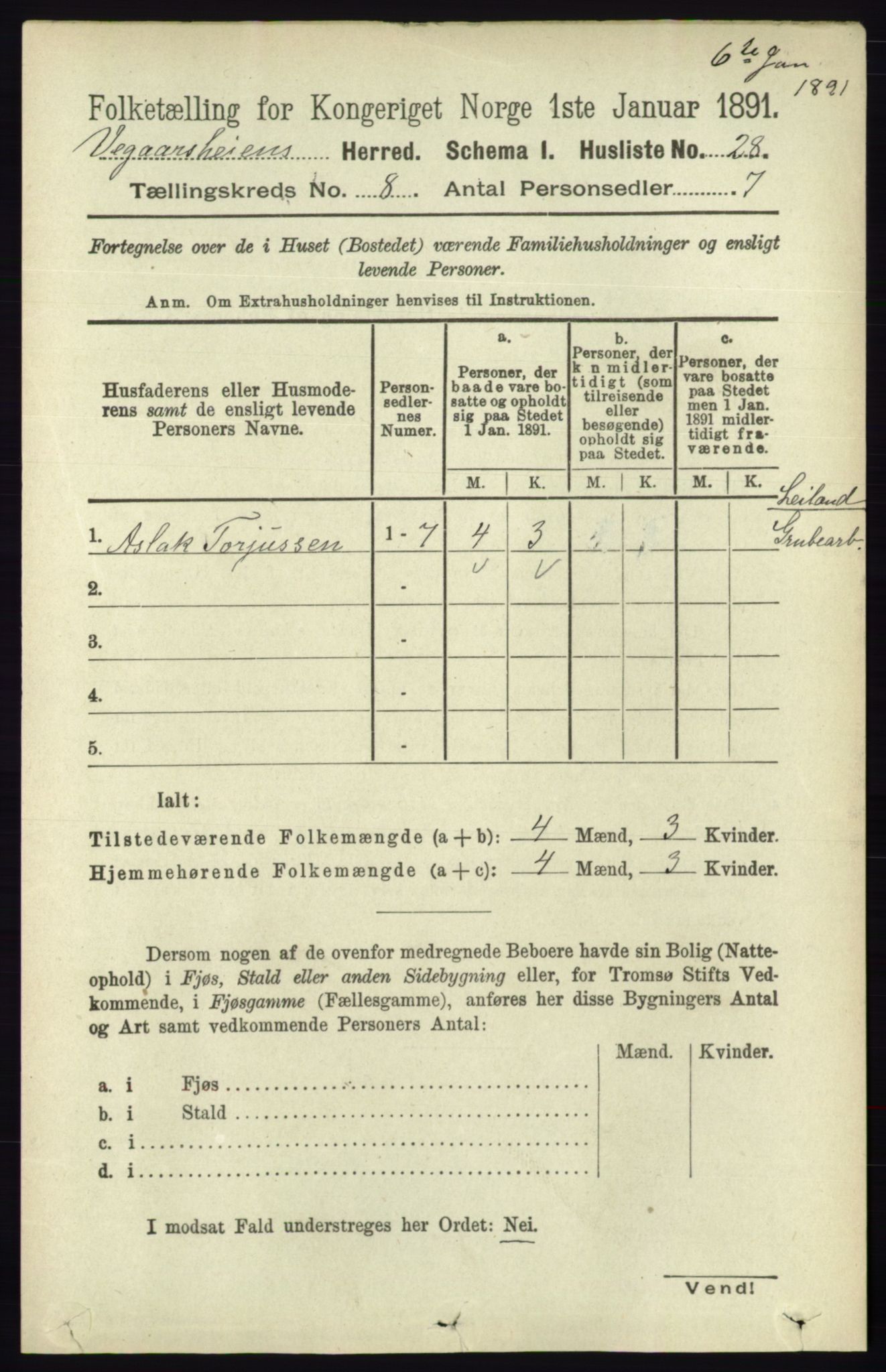 RA, 1891 census for 0912 Vegårshei, 1891, p. 1524