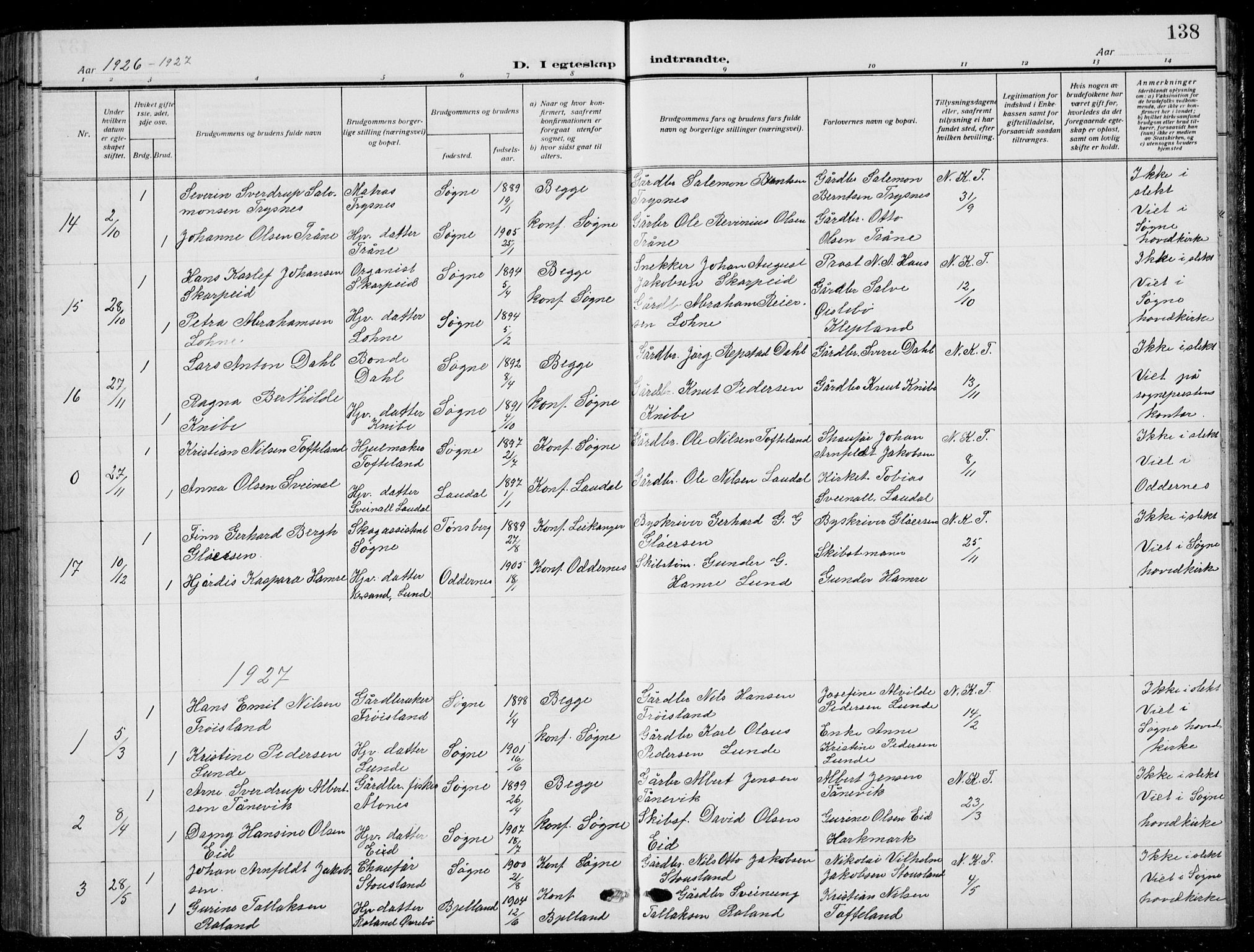 Søgne sokneprestkontor, SAK/1111-0037/F/Fb/Fbb/L0007: Parish register (copy) no. B 7, 1912-1931, p. 138