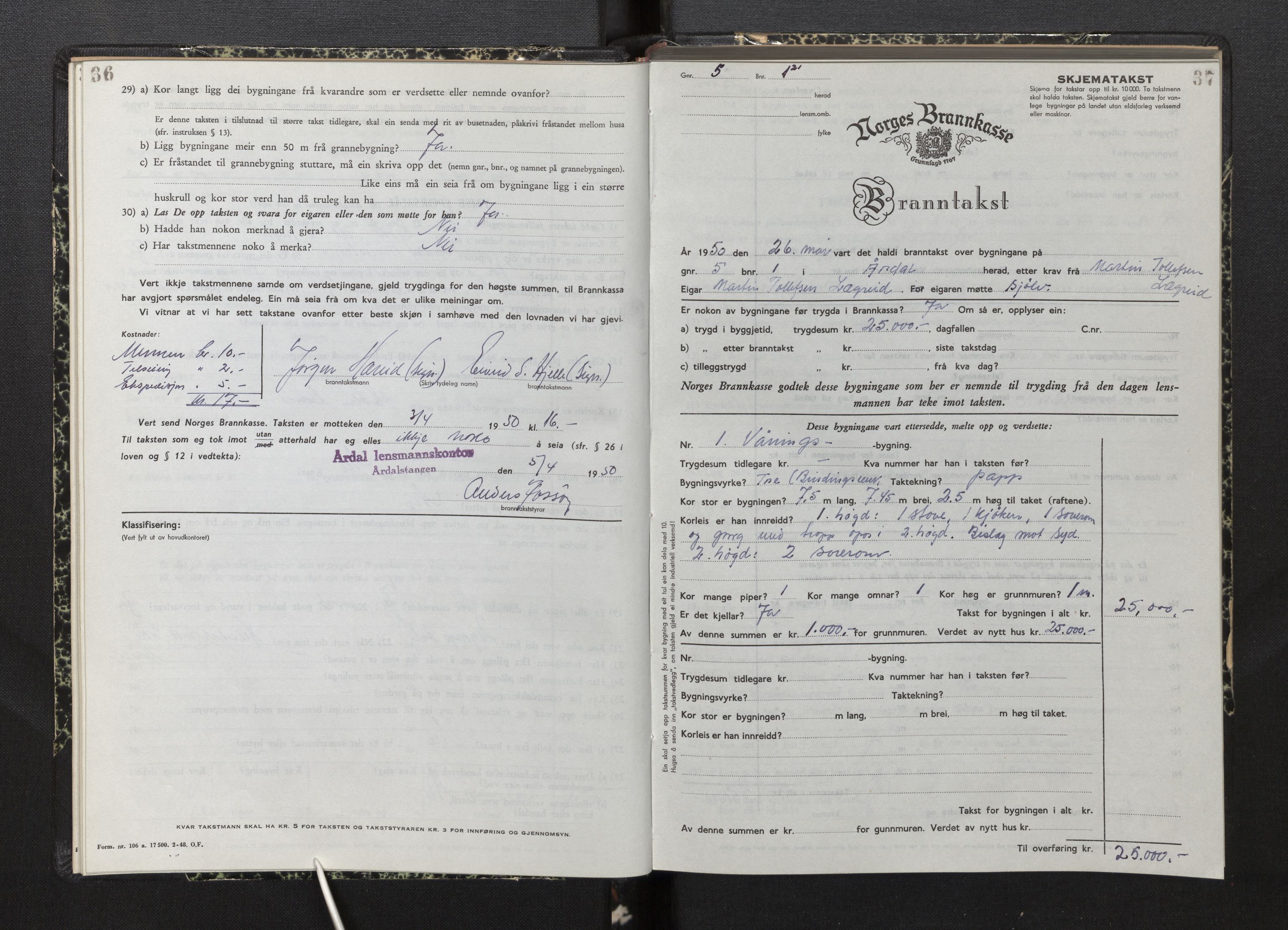 Lensmannen i Årdal, AV/SAB-A-30501/0012/L0012: Branntakstprotokoll, skjematakst, 1949-1955, p. 36-37