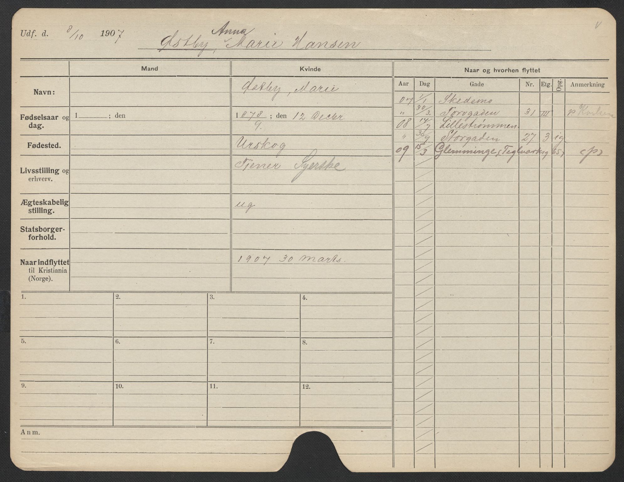 Oslo folkeregister, Registerkort, AV/SAO-A-11715/F/Fa/Fac/L0025: Kvinner, 1906-1914, p. 1075a