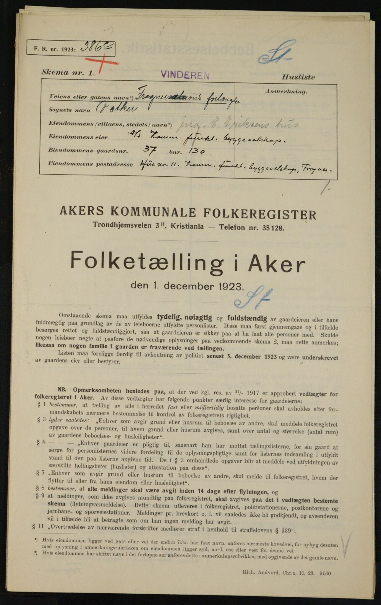 , Municipal Census 1923 for Aker, 1923, p. 9668