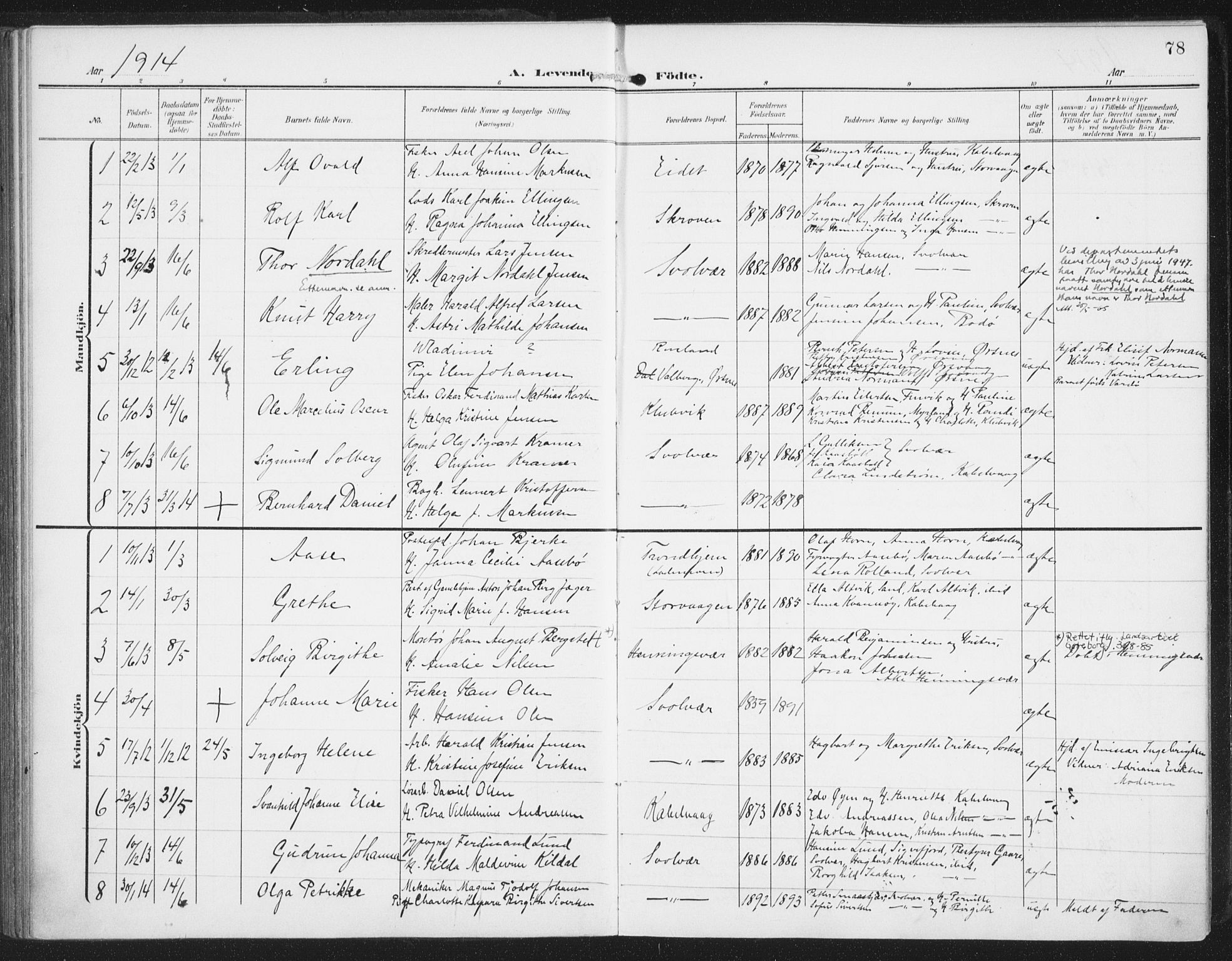 Ministerialprotokoller, klokkerbøker og fødselsregistre - Nordland, SAT/A-1459/874/L1063: Parish register (official) no. 874A07, 1907-1915, p. 78
