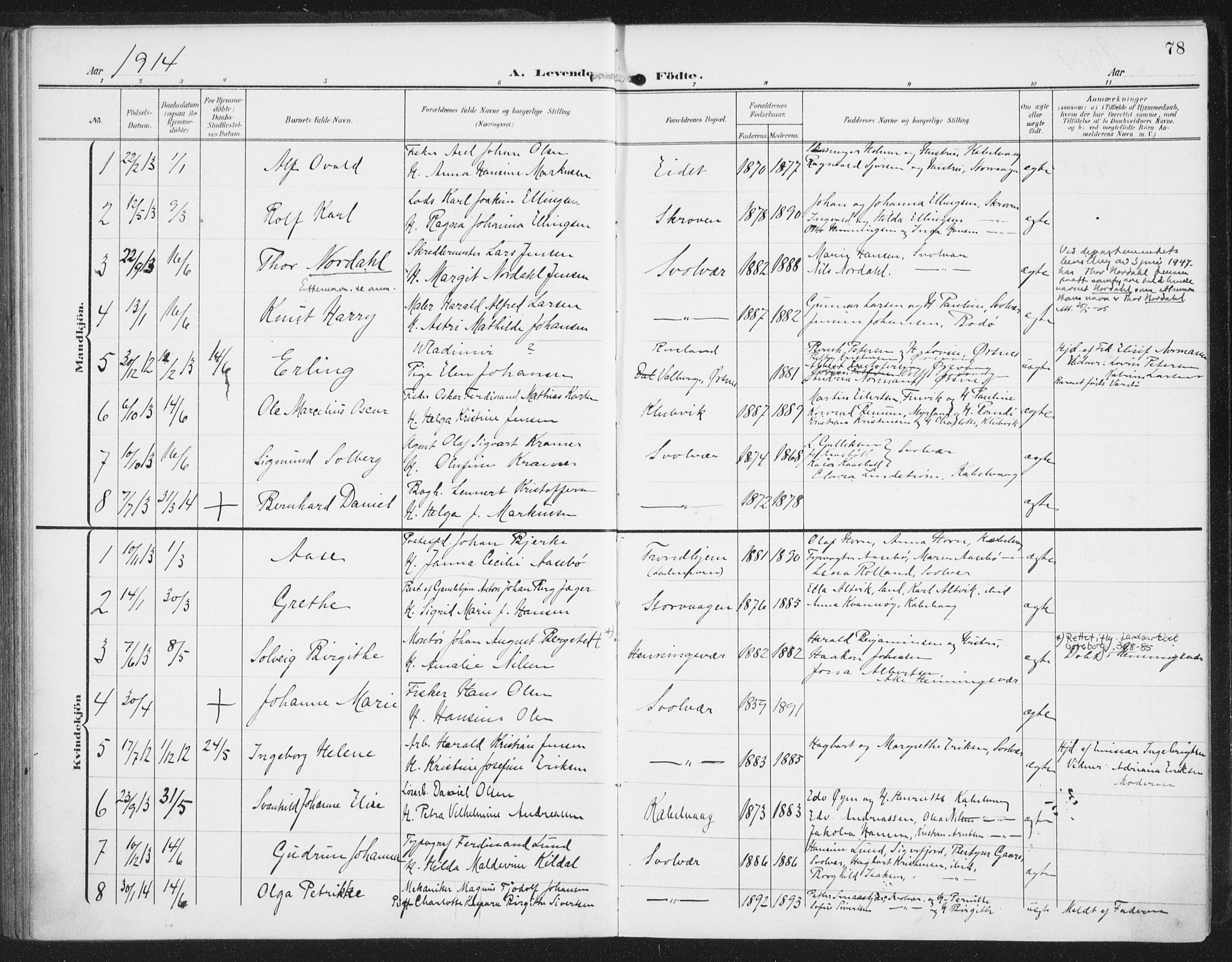 Ministerialprotokoller, klokkerbøker og fødselsregistre - Nordland, AV/SAT-A-1459/874/L1063: Parish register (official) no. 874A07, 1907-1915, p. 78