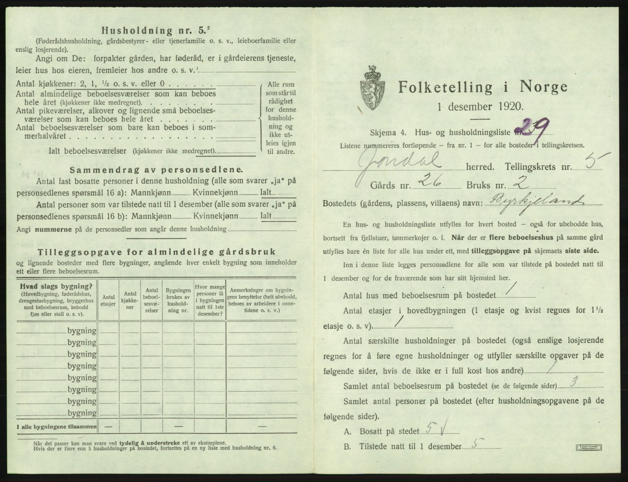 SAB, 1920 census for Jondal, 1920, p. 405