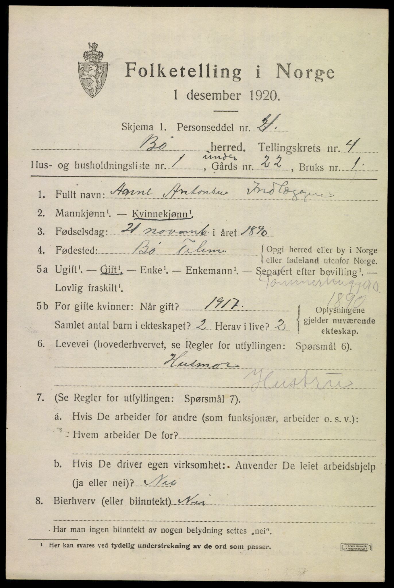 SAKO, 1920 census for Bø (Telemark), 1920, p. 3200