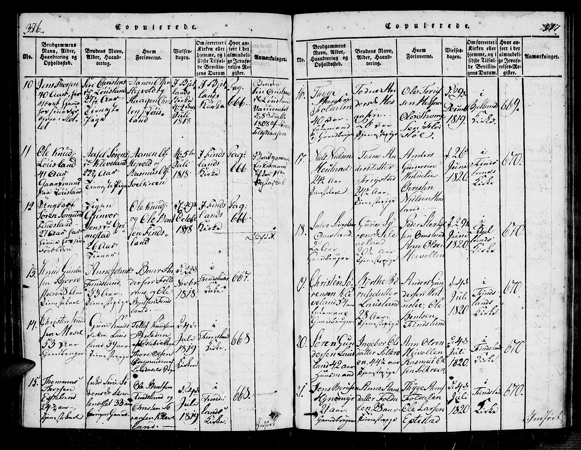 Bjelland sokneprestkontor, SAK/1111-0005/F/Fa/Fab/L0002: Parish register (official) no. A 2, 1816-1869, p. 376-377