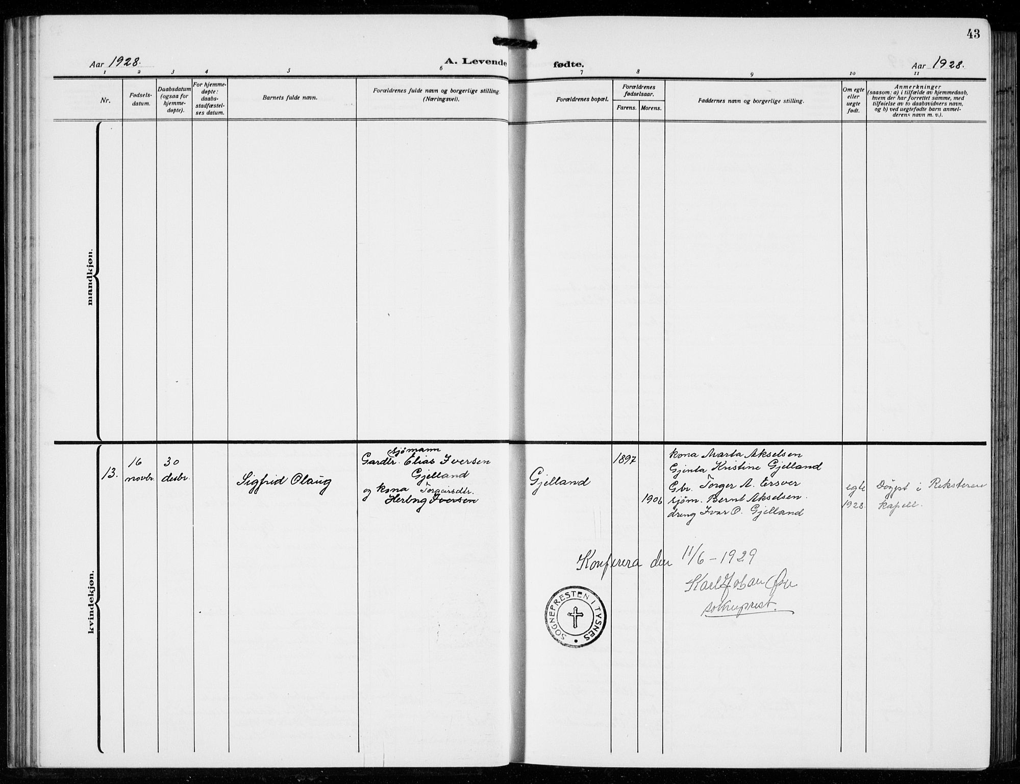 Tysnes sokneprestembete, AV/SAB-A-78601/H/Hab: Parish register (copy) no. B  3, 1918-1935, p. 43