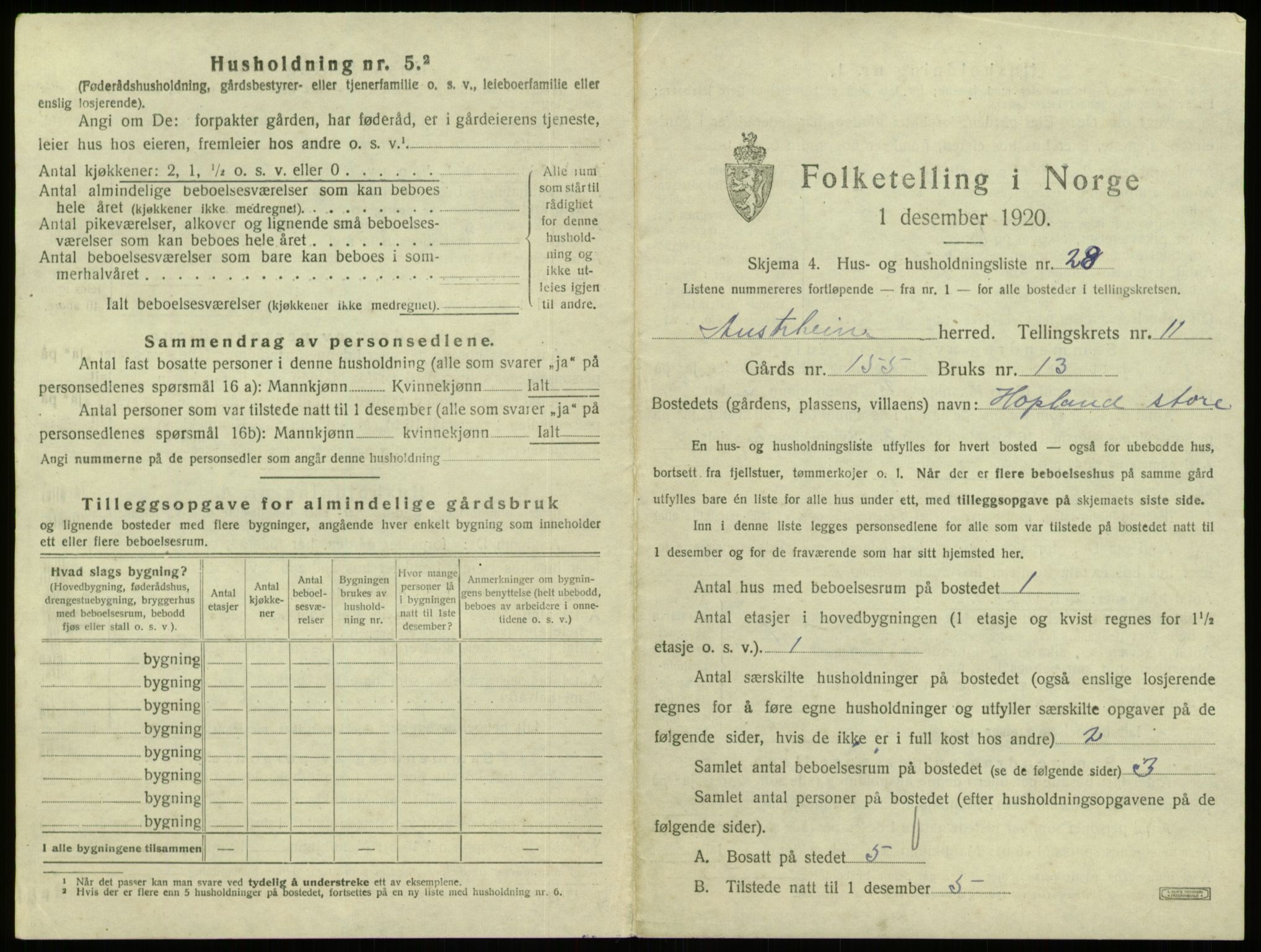 SAB, 1920 census for Austrheim, 1920, p. 585