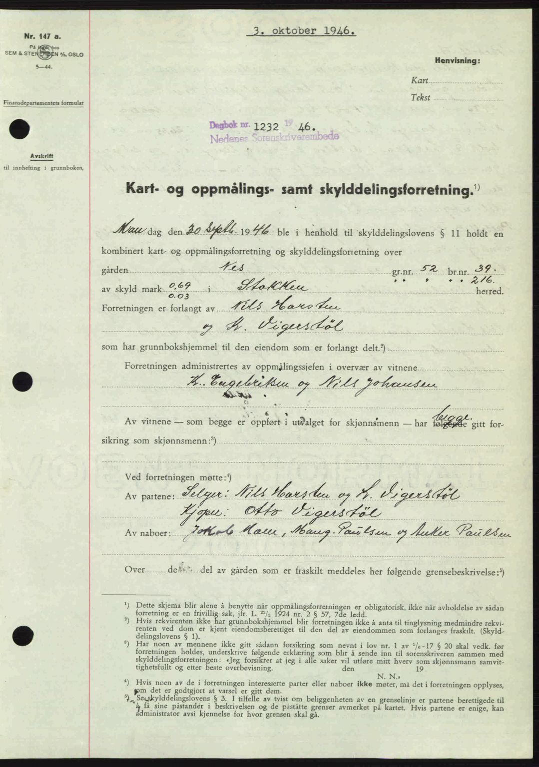 Nedenes sorenskriveri, SAK/1221-0006/G/Gb/Gba/L0056: Mortgage book no. A8, 1946-1947, Diary no: : 1232/1946