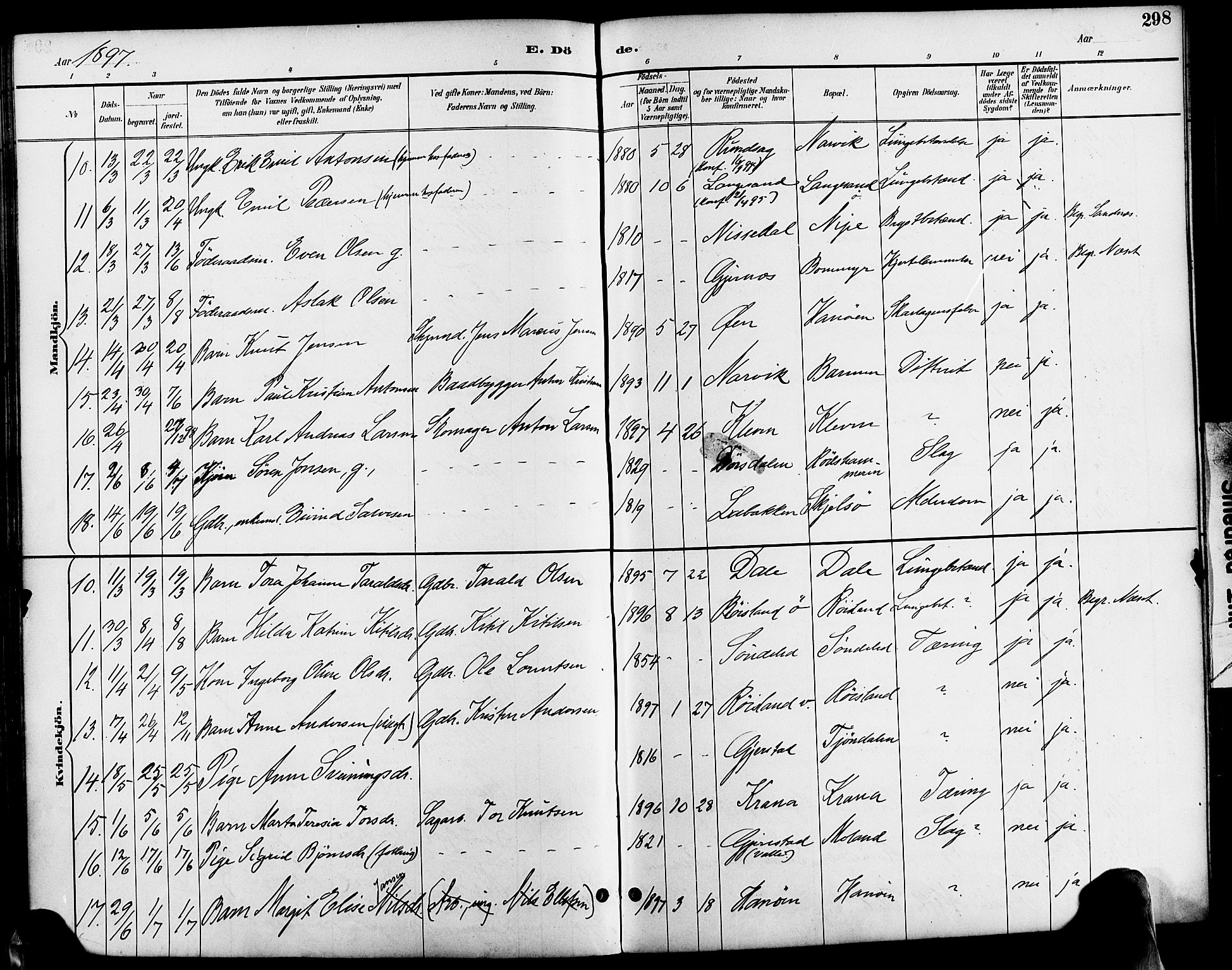 Søndeled sokneprestkontor, SAK/1111-0038/F/Fa/L0005: Parish register (official) no. A 5, 1889-1899, p. 298