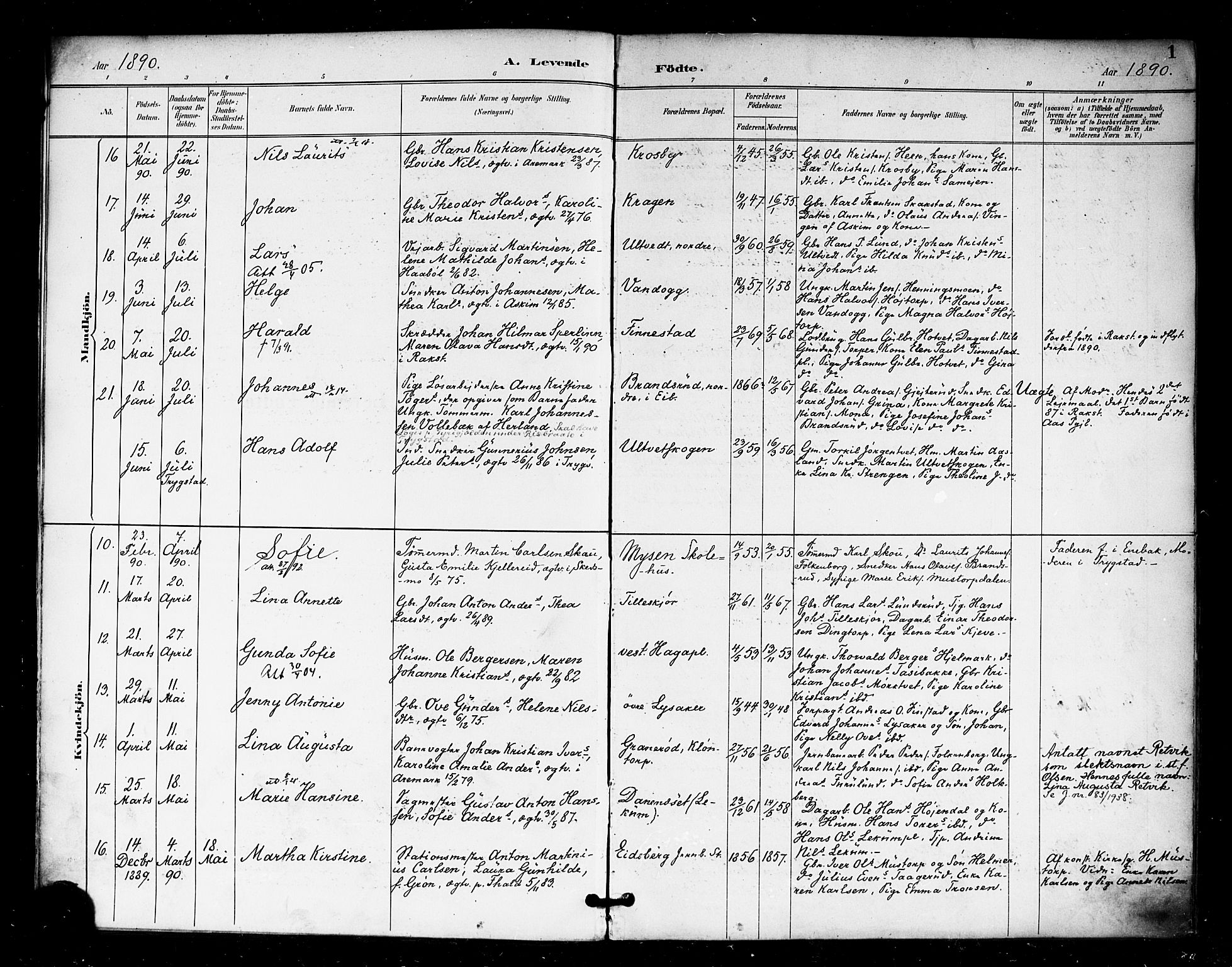 Eidsberg prestekontor Kirkebøker, AV/SAO-A-10905/F/Fa/L0013: Parish register (official) no. I 13, 1890-1901, p. 1