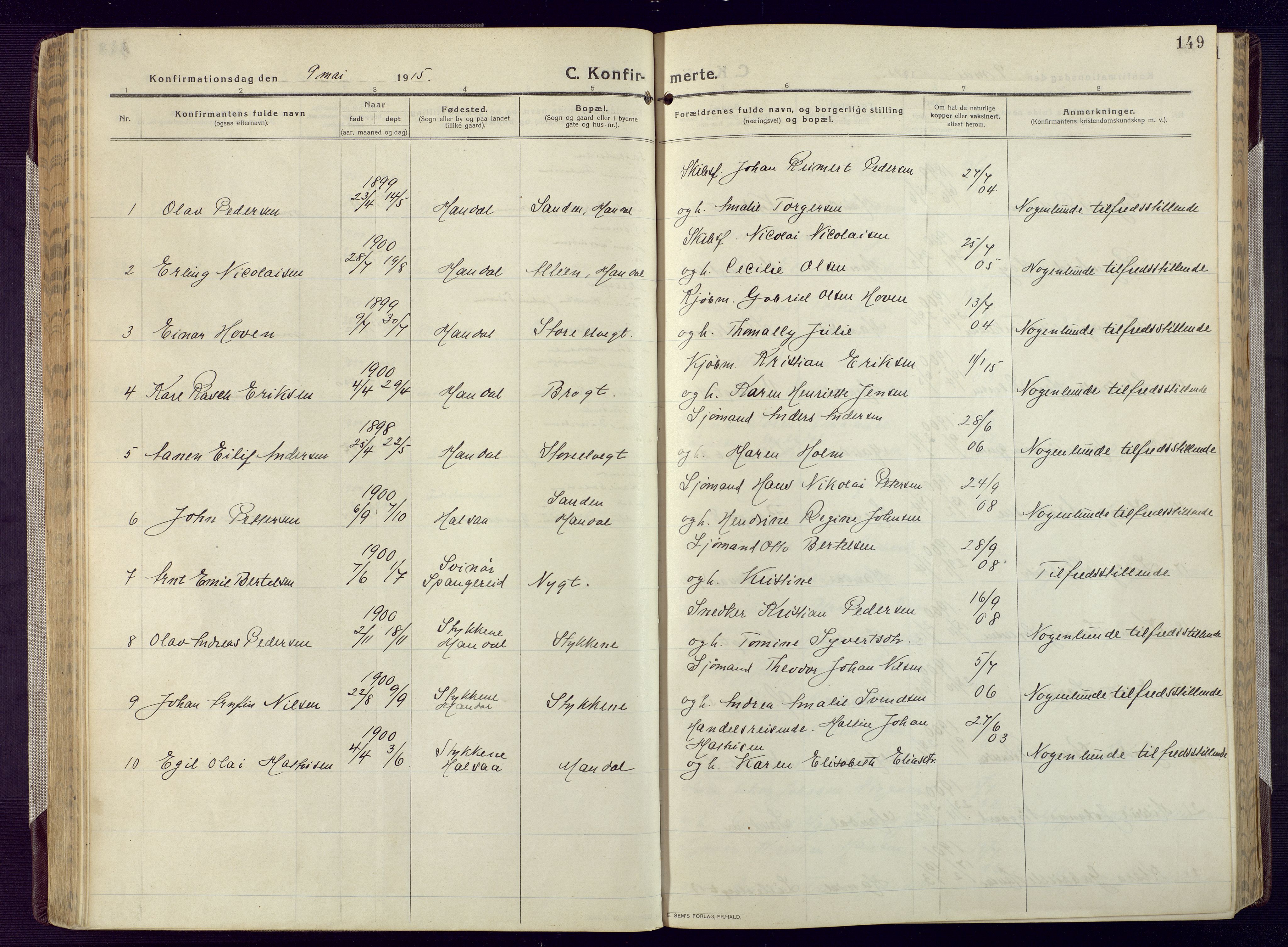 Mandal sokneprestkontor, SAK/1111-0030/F/Fa/Fac/L0001: Parish register (official) no. A 1, 1913-1925, p. 149