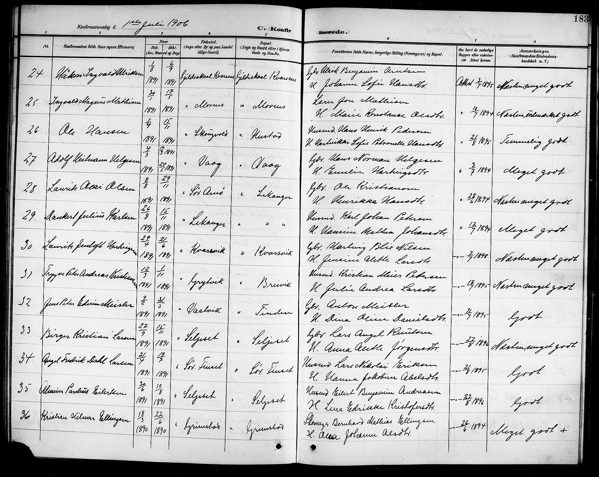 Ministerialprotokoller, klokkerbøker og fødselsregistre - Nordland, SAT/A-1459/805/L0109: Parish register (copy) no. 805C05, 1900-1911, p. 183