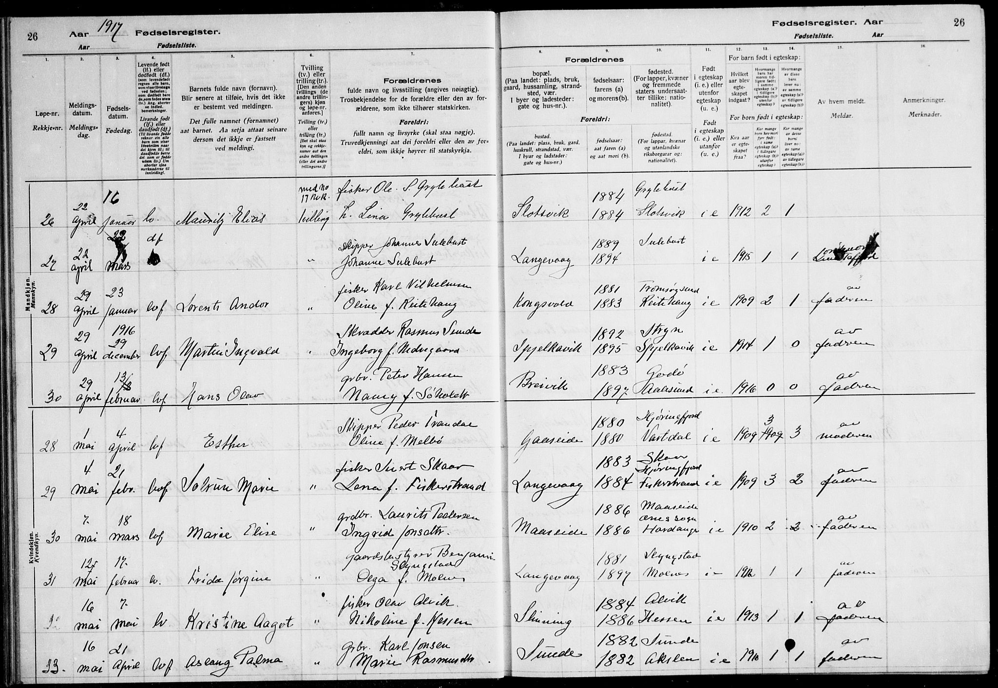 Ministerialprotokoller, klokkerbøker og fødselsregistre - Møre og Romsdal, AV/SAT-A-1454/528/L0442: Birth register no. 528.II.4.1, 1916-1924, p. 26