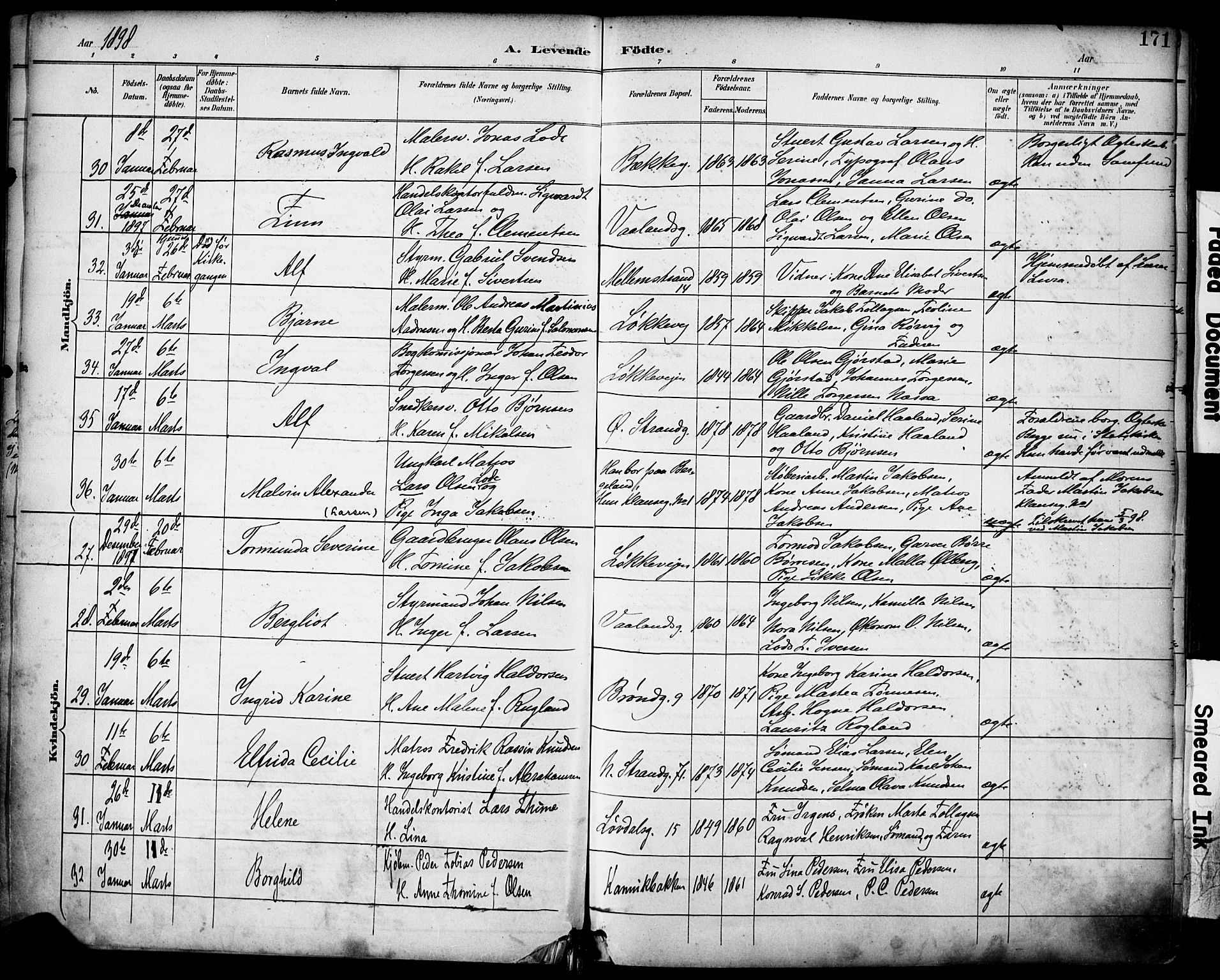 Domkirken sokneprestkontor, SAST/A-101812/001/30/30BA/L0030: Parish register (official) no. A 29, 1889-1902, p. 171