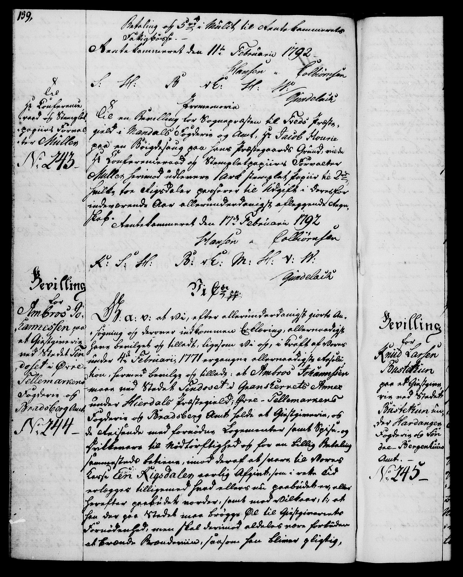 Rentekammeret, Kammerkanselliet, RA/EA-3111/G/Gg/Gga/L0015: Norsk ekspedisjonsprotokoll med register (merket RK 53.15), 1790-1791, p. 159