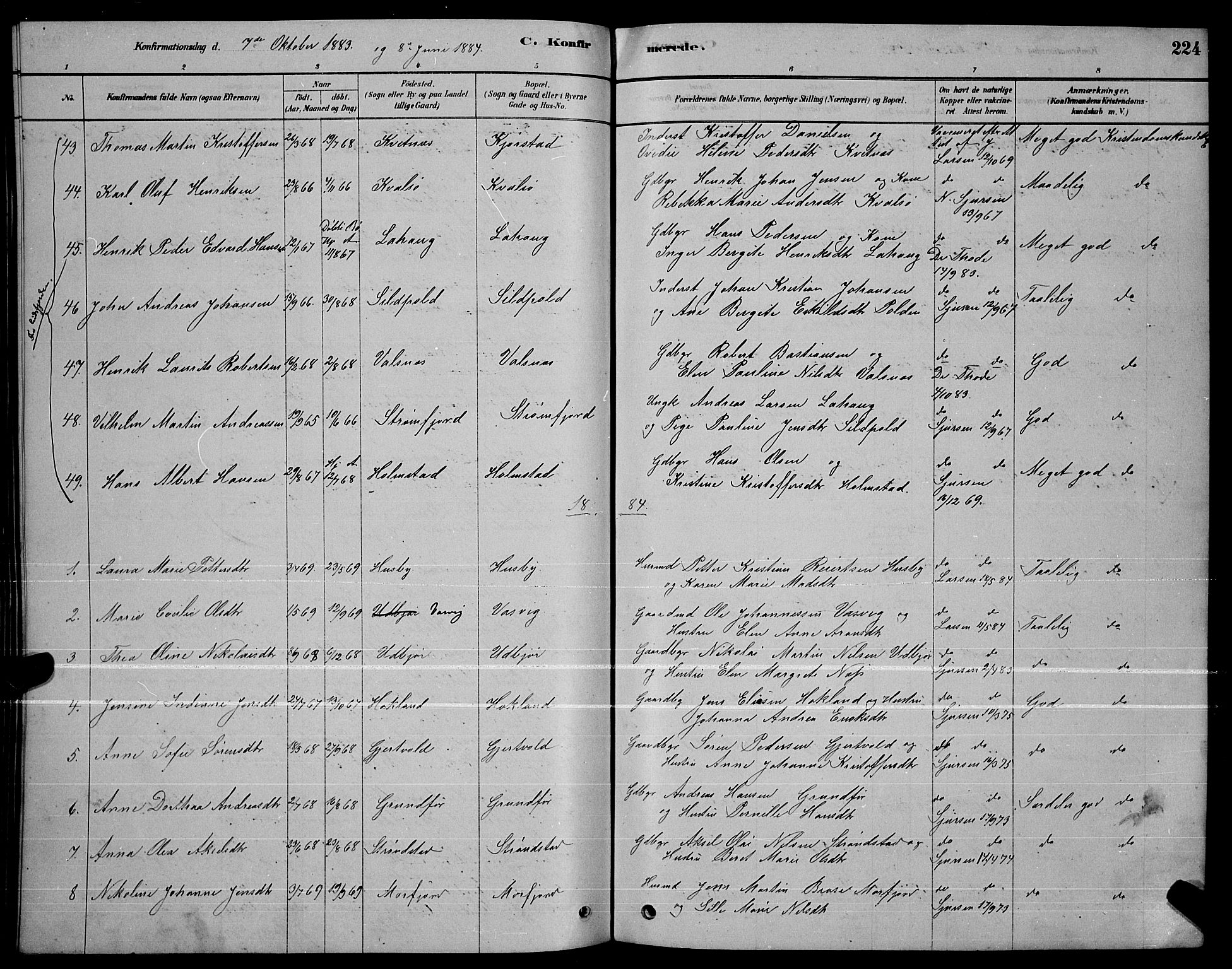 Ministerialprotokoller, klokkerbøker og fødselsregistre - Nordland, AV/SAT-A-1459/888/L1267: Parish register (copy) no. 888C05, 1878-1890, p. 224