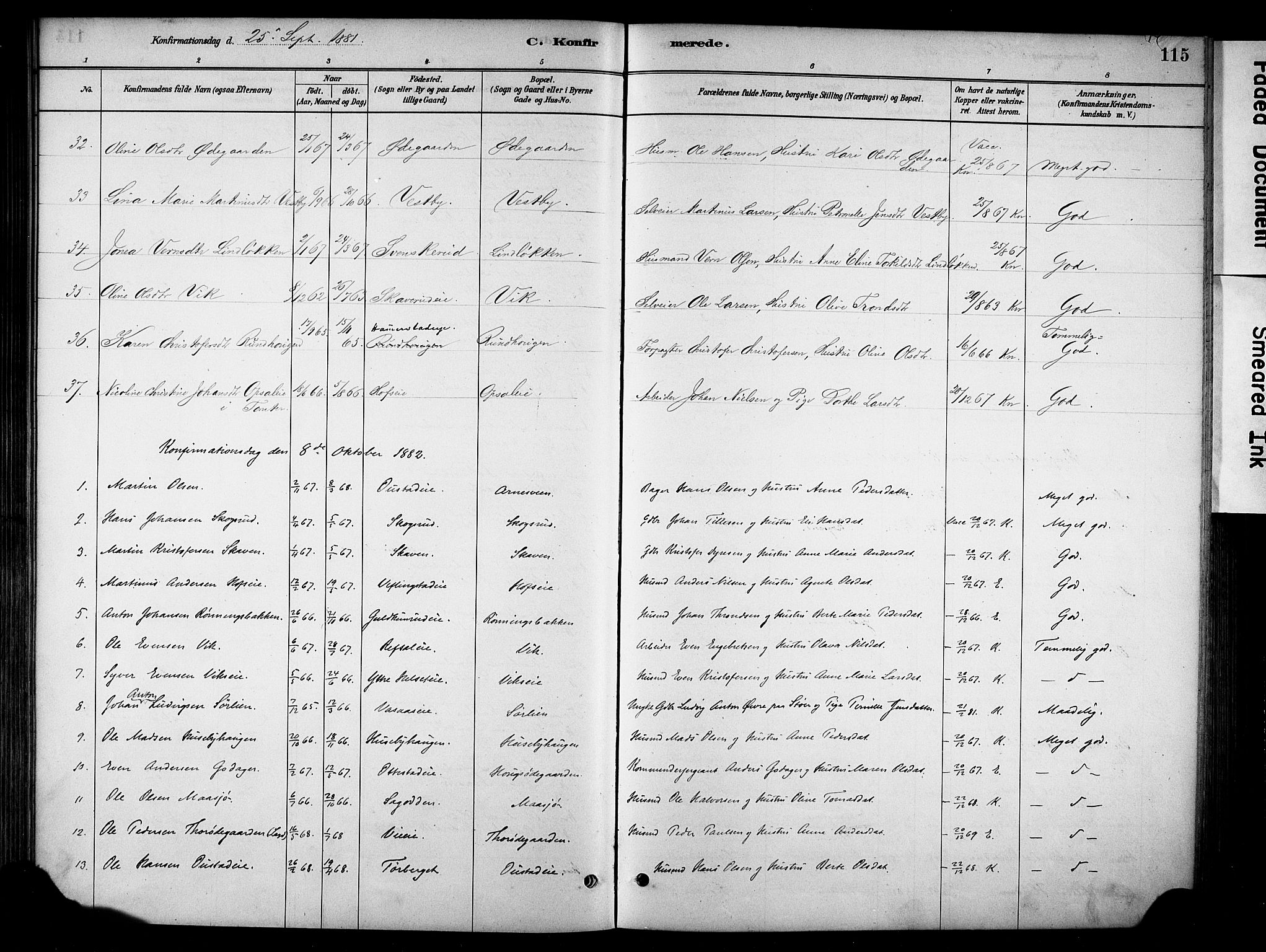 Stange prestekontor, SAH/PREST-002/K/L0018: Parish register (official) no. 18, 1880-1896, p. 115