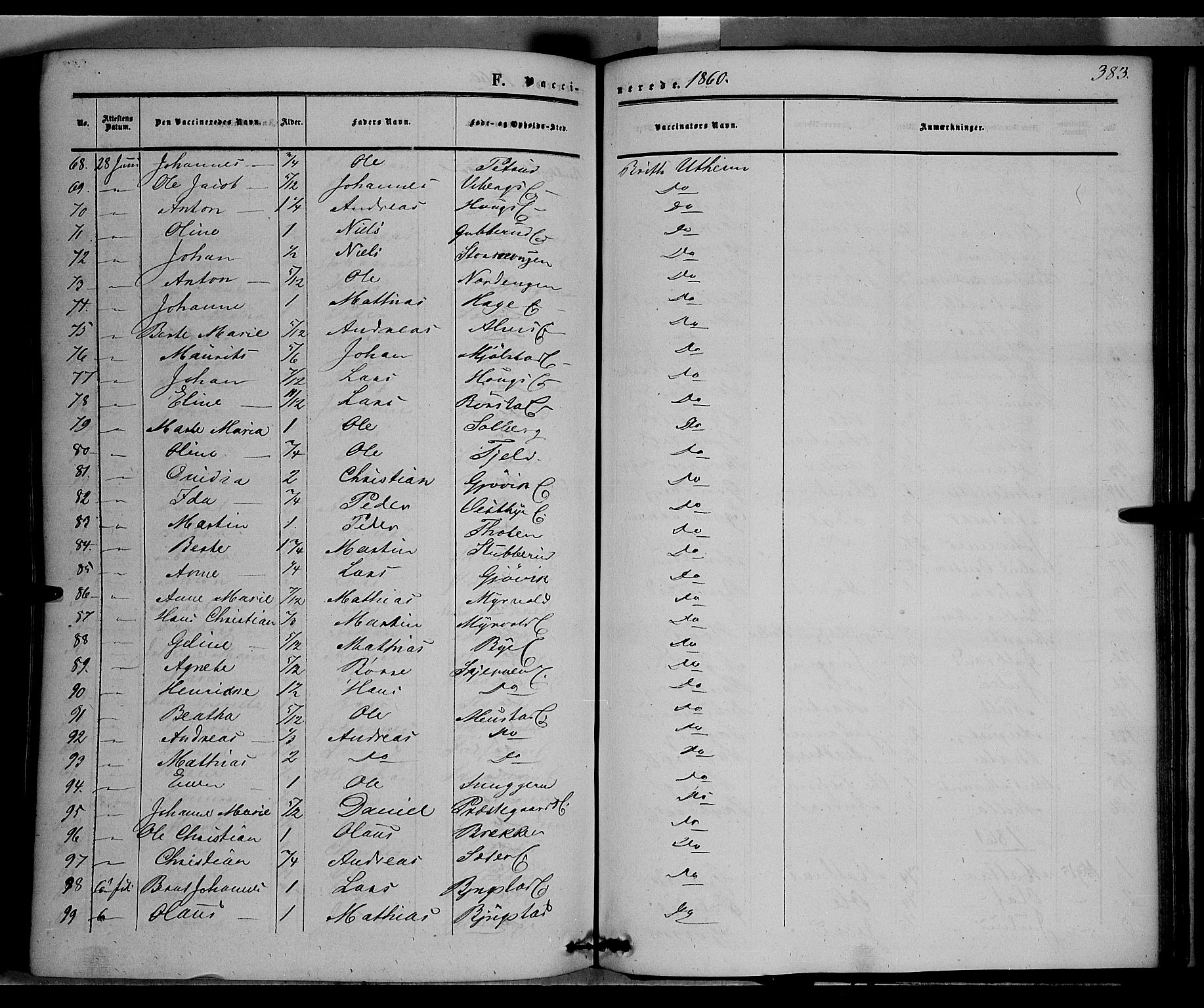 Vardal prestekontor, SAH/PREST-100/H/Ha/Haa/L0006: Parish register (official) no. 6, 1854-1866, p. 383