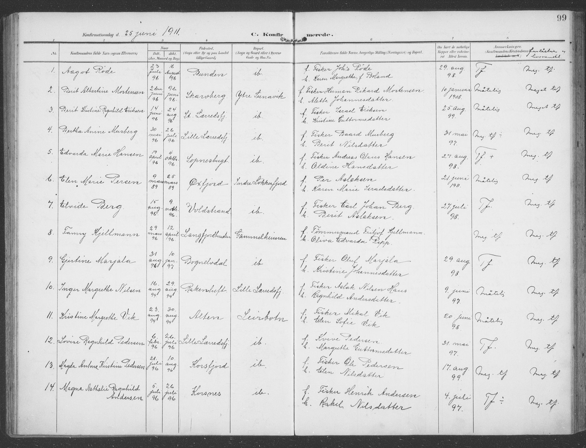 Talvik sokneprestkontor, SATØ/S-1337/H/Ha/L0017kirke: Parish register (official) no. 17, 1906-1915, p. 99