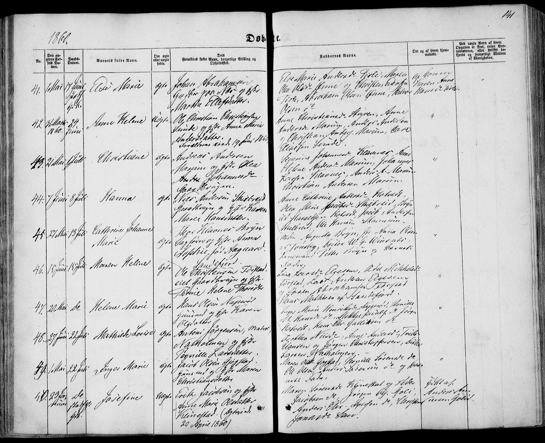 Sandar kirkebøker, AV/SAKO-A-243/F/Fa/L0007: Parish register (official) no. 7, 1855-1861, p. 141