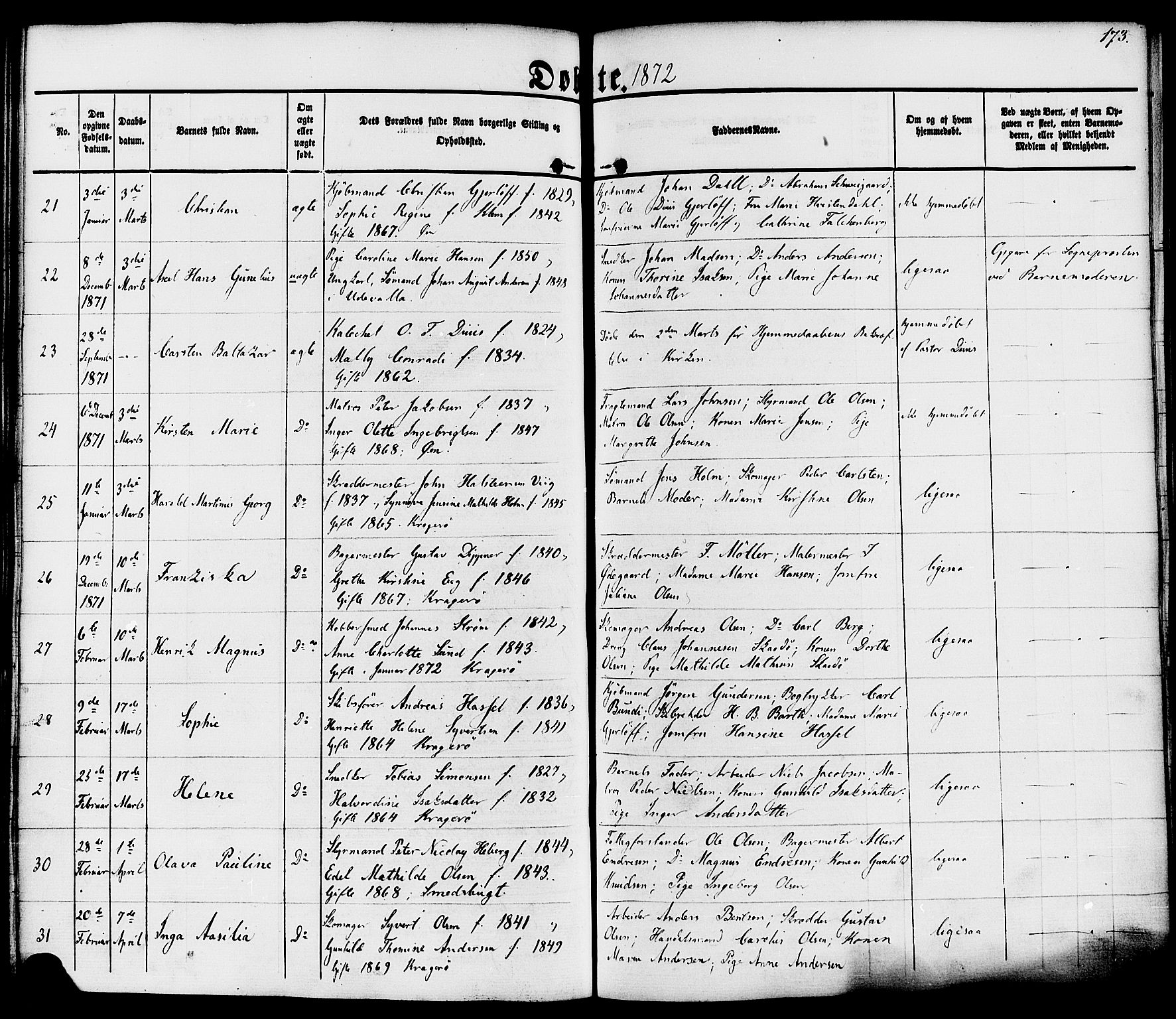 Kragerø kirkebøker, SAKO/A-278/F/Fa/L0007: Parish register (official) no. 7, 1861-1875, p. 173