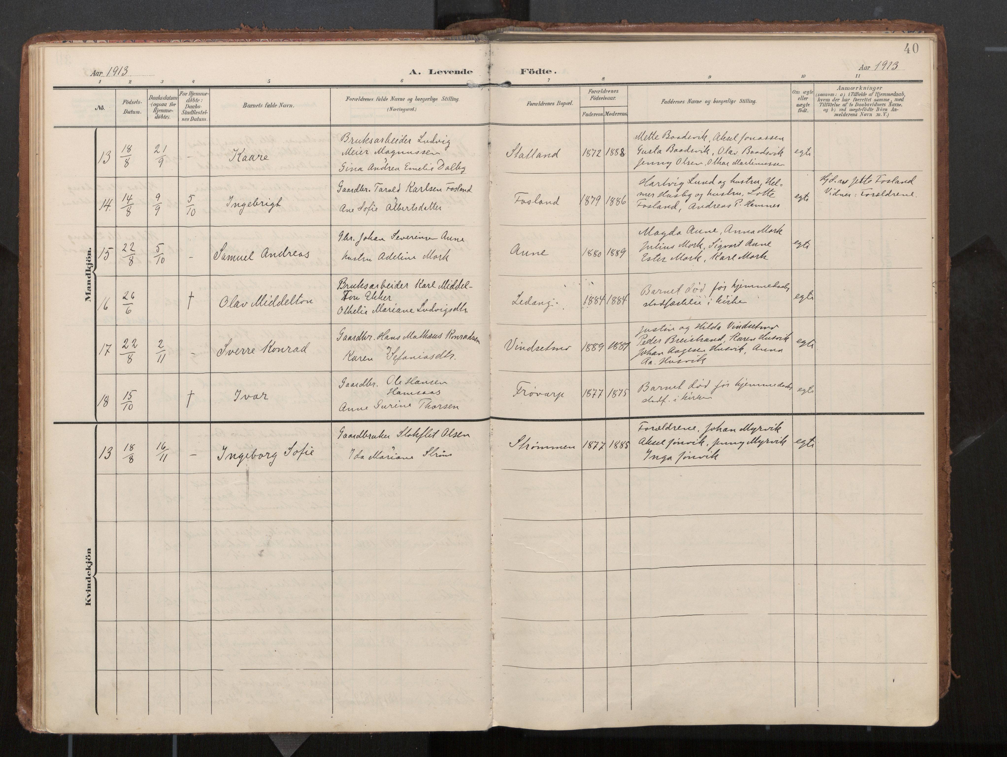 Ministerialprotokoller, klokkerbøker og fødselsregistre - Nord-Trøndelag, AV/SAT-A-1458/774/L0629: Parish register (official), 1904-1926, p. 40