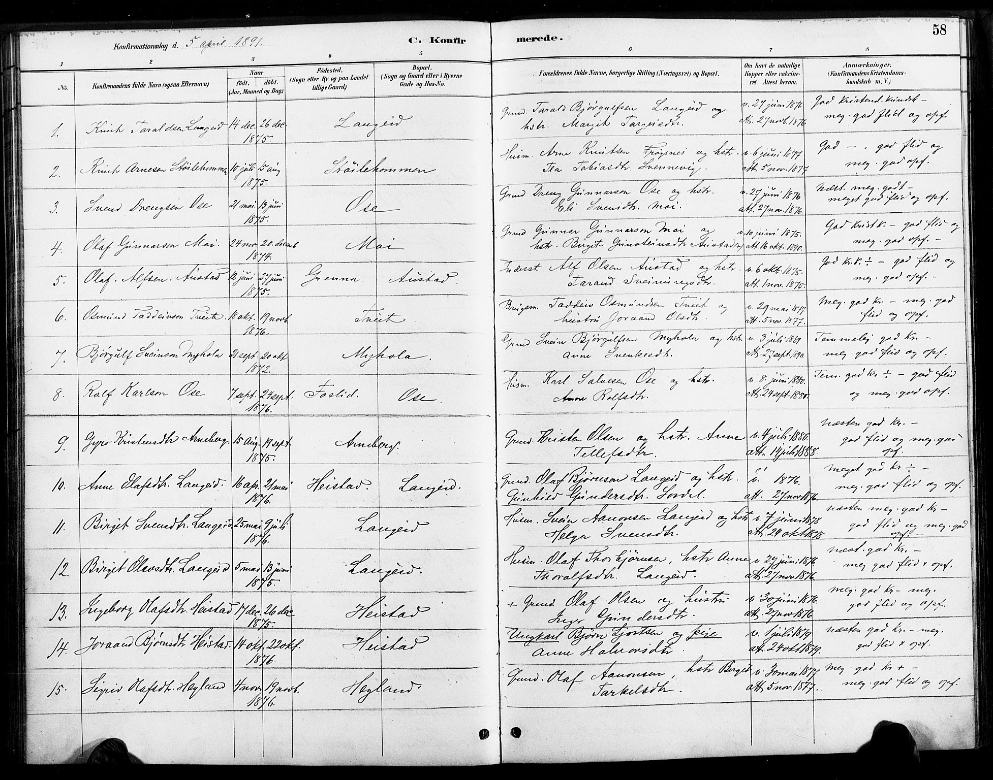 Bygland sokneprestkontor, SAK/1111-0006/F/Fa/Faa/L0001: Parish register (official) no. A 1, 1885-1908, p. 58