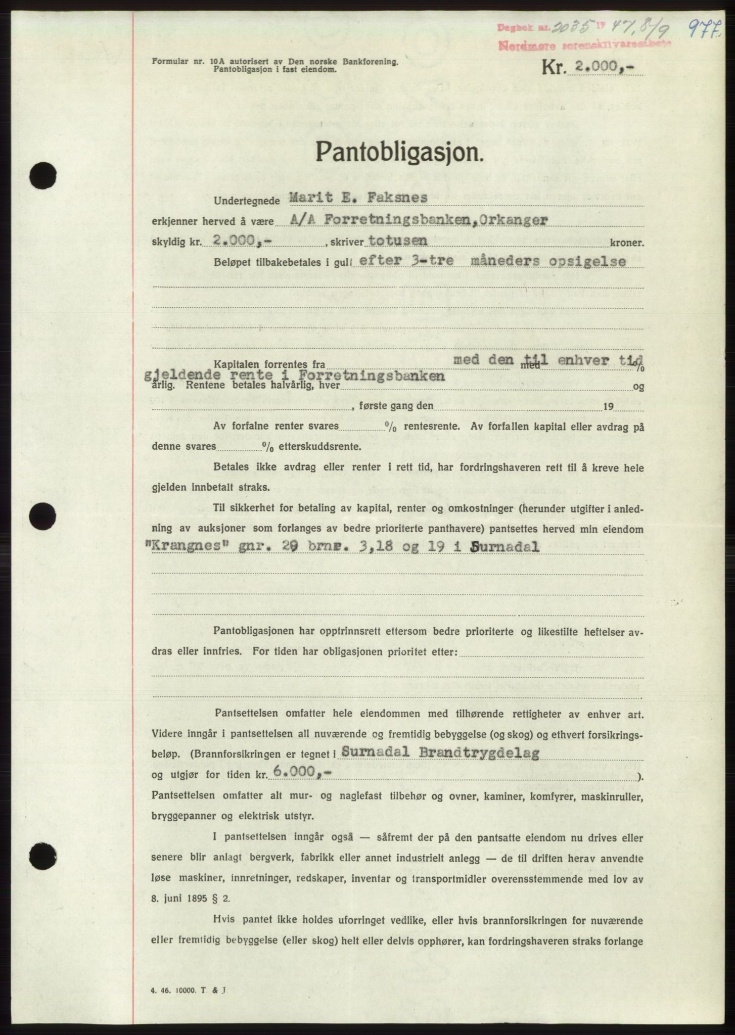 Nordmøre sorenskriveri, AV/SAT-A-4132/1/2/2Ca: Mortgage book no. B96, 1947-1947, Diary no: : 2035/1947