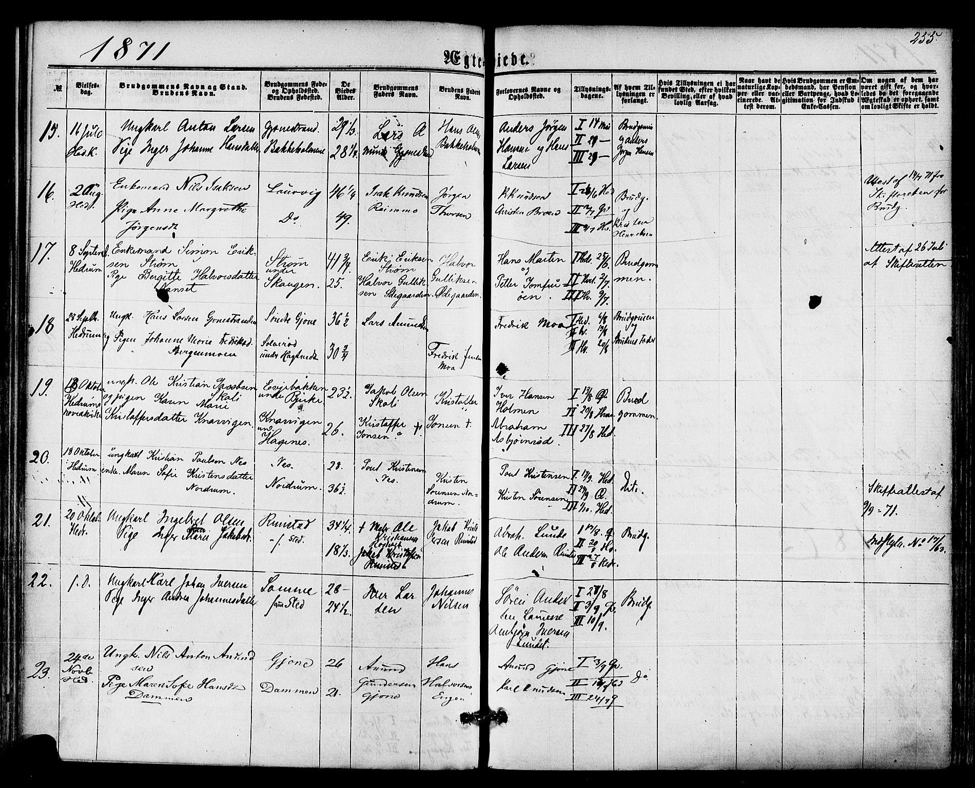 Hedrum kirkebøker, AV/SAKO-A-344/F/Fa/L0008: Parish register (official) no. I 8, 1869-1880, p. 255