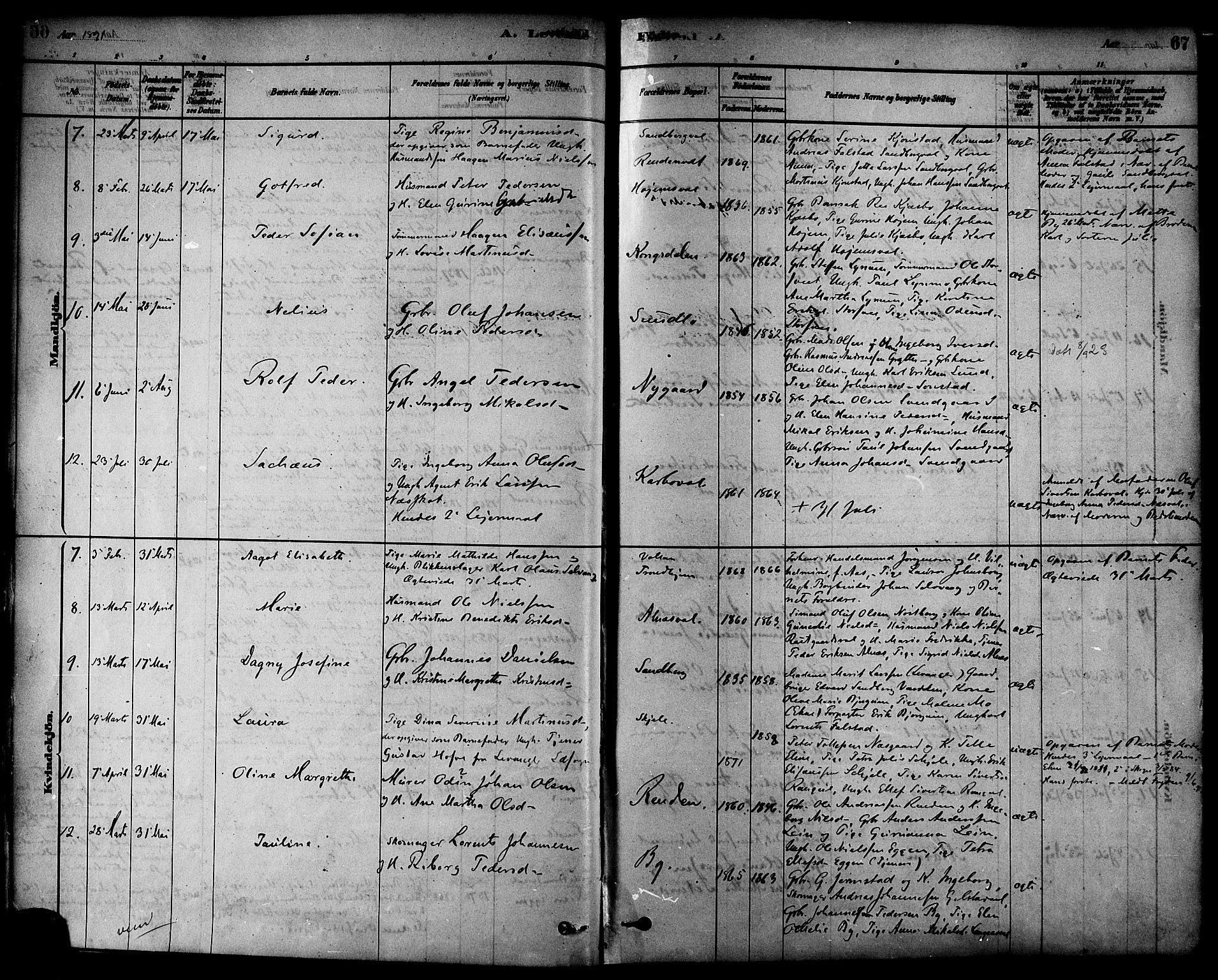 Ministerialprotokoller, klokkerbøker og fødselsregistre - Nord-Trøndelag, AV/SAT-A-1458/717/L0159: Parish register (official) no. 717A09, 1878-1898, p. 67