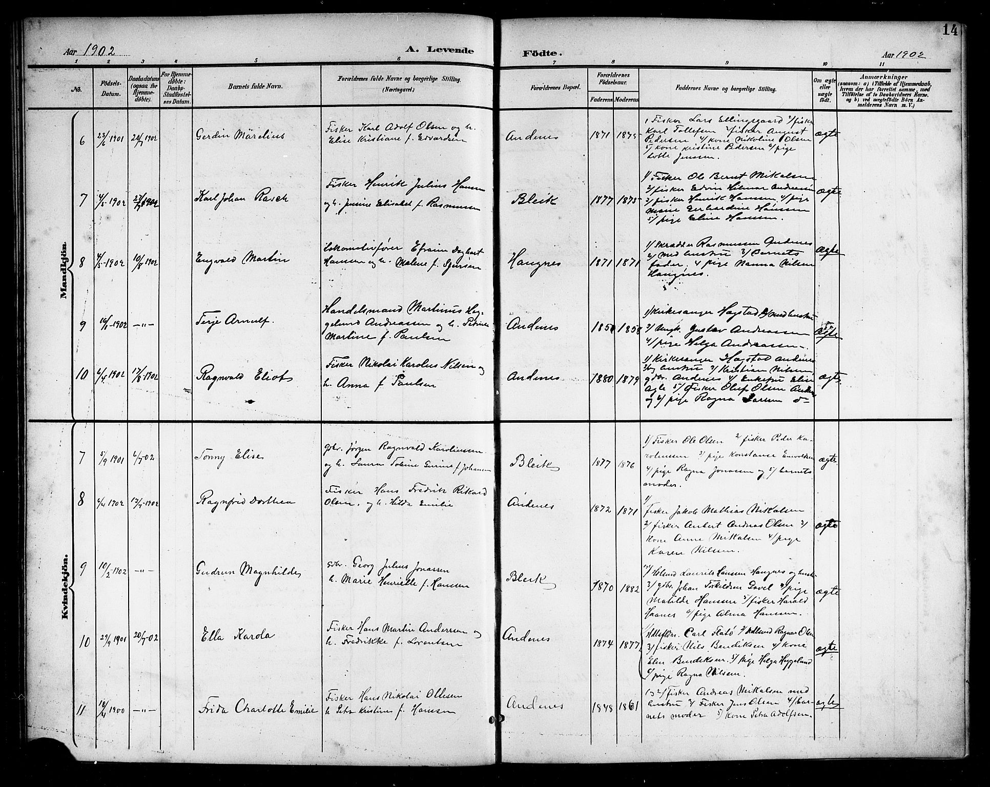 Ministerialprotokoller, klokkerbøker og fødselsregistre - Nordland, AV/SAT-A-1459/899/L1449: Parish register (copy) no. 899C04, 1900-1918, p. 14