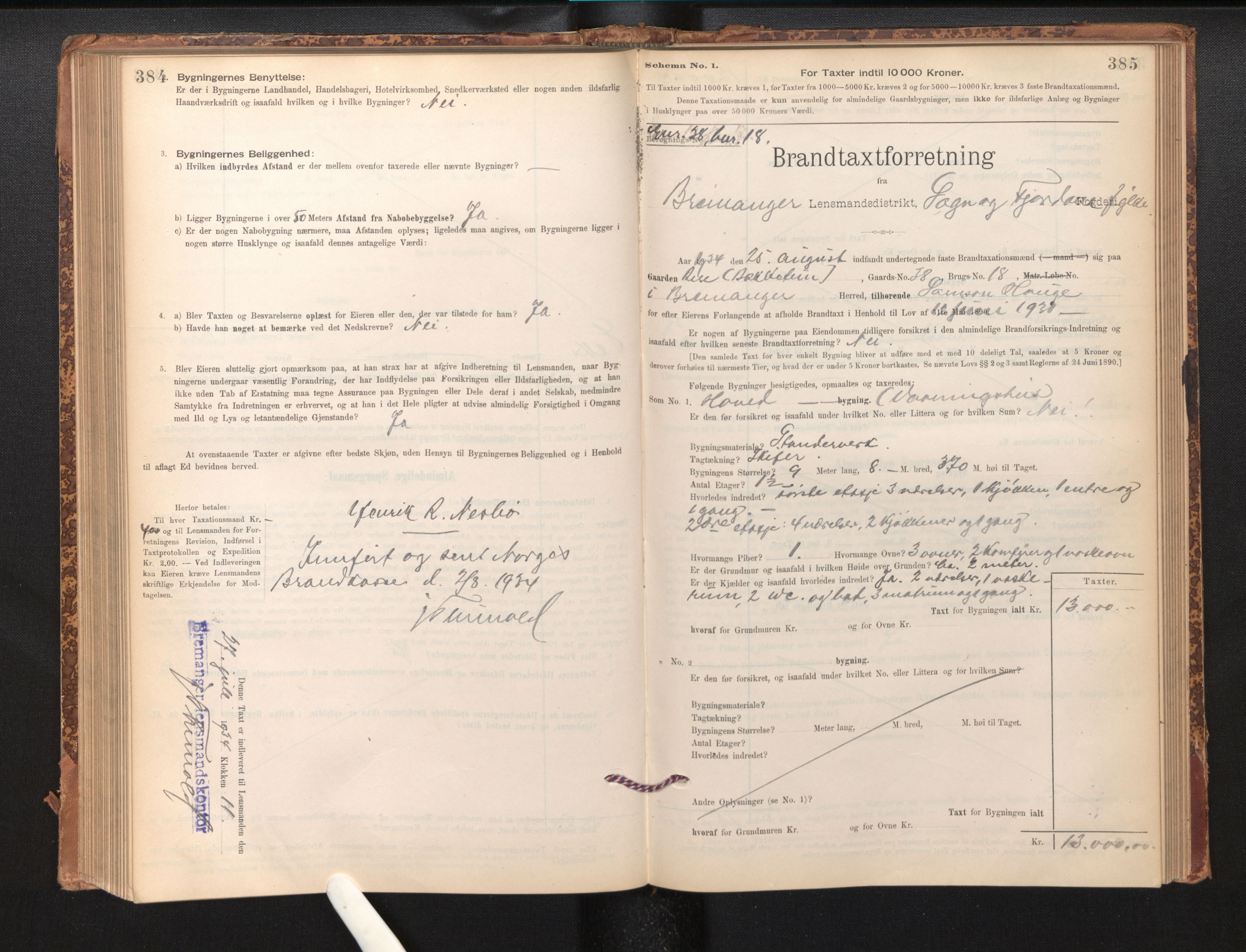 Lensmannen i Bremanger, AV/SAB-A-26701/0012/L0007: Branntakstprotokoll, skjematakst, 1895-1936, p. 384-385