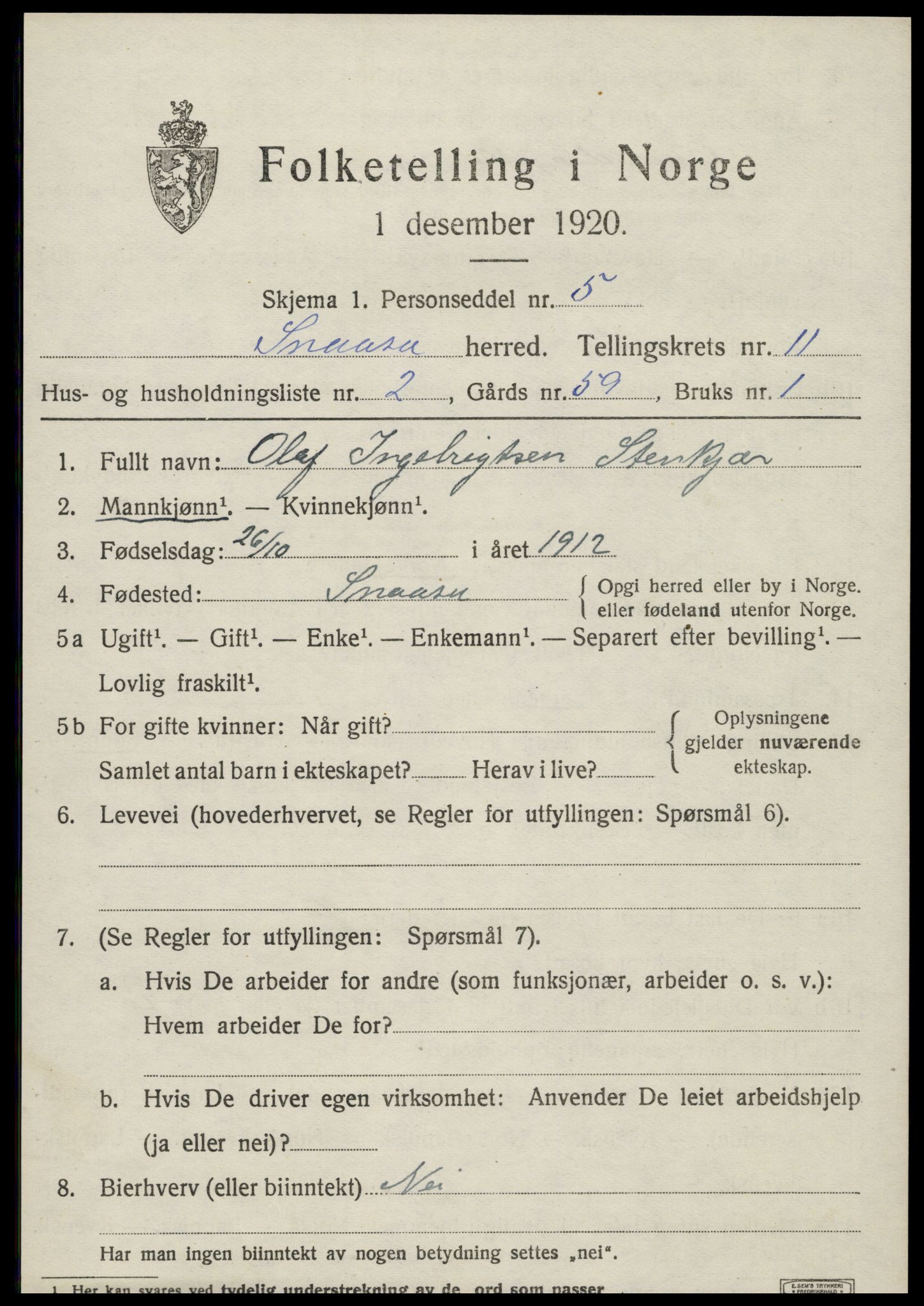 SAT, 1920 census for Snåsa, 1920, p. 5014