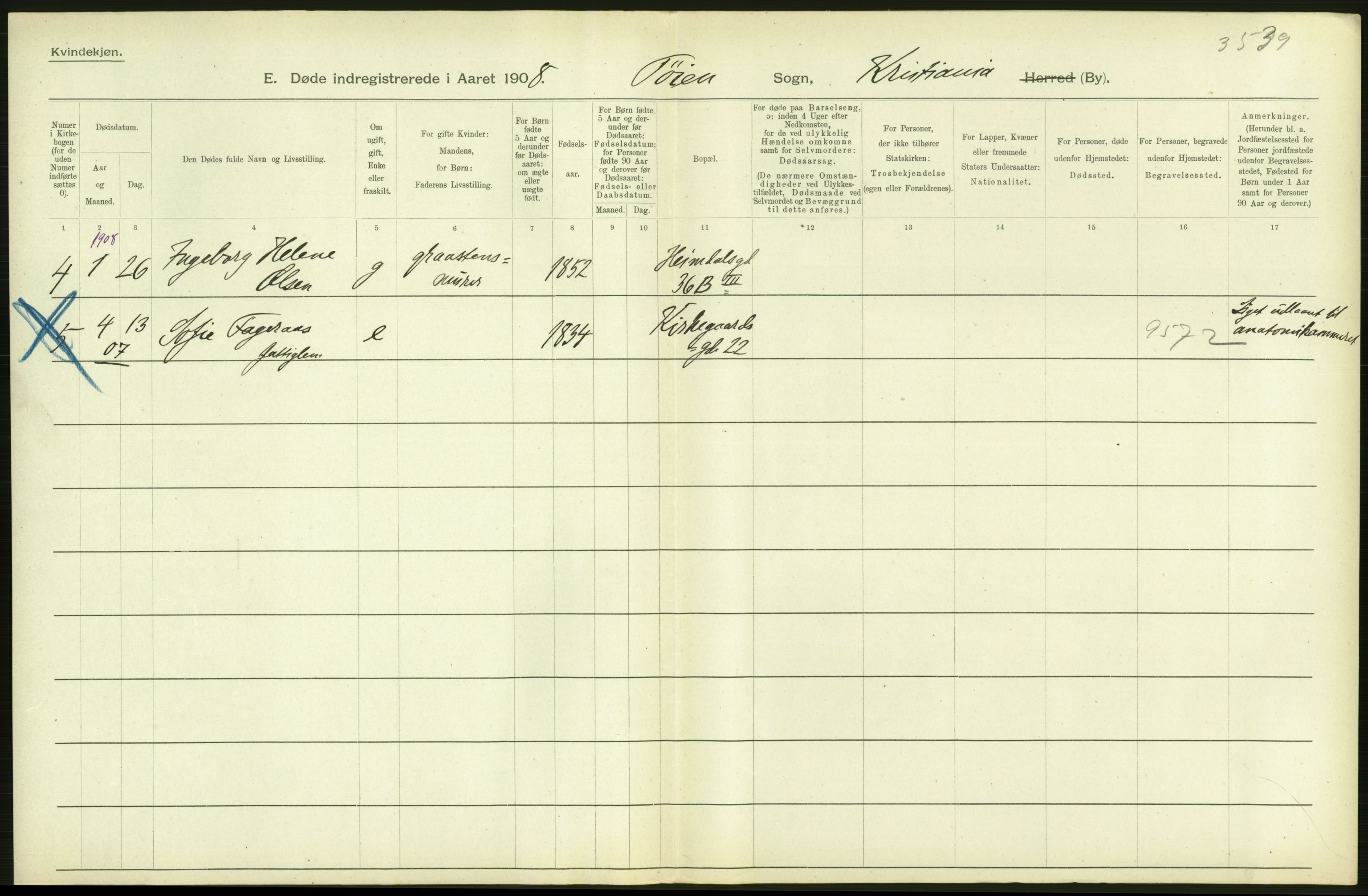 Statistisk sentralbyrå, Sosiodemografiske emner, Befolkning, AV/RA-S-2228/D/Df/Dfa/Dfaf/L0009: Kristiania: Døde, dødfødte., 1908, p. 24